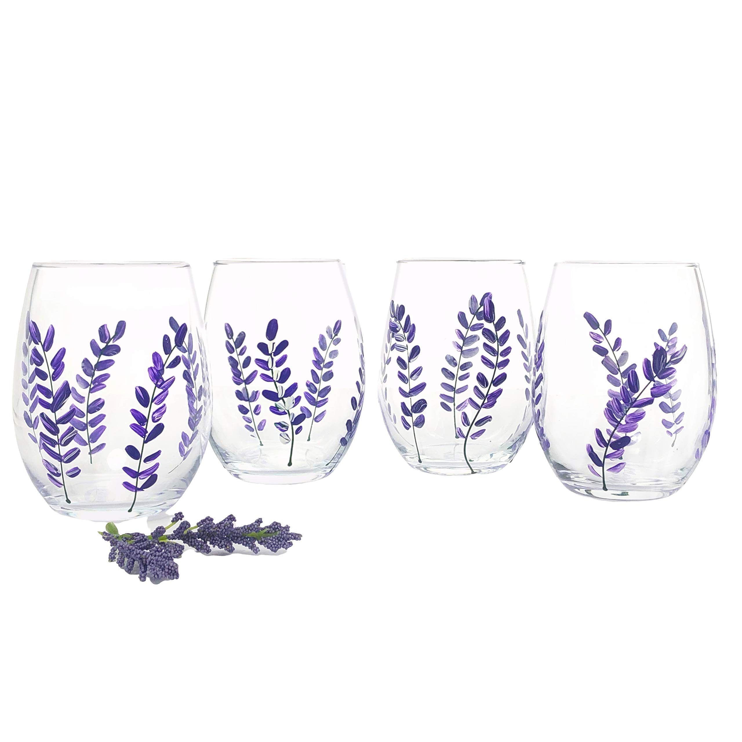 Purple Lavender Flower Stemless Wine Glasses - Hand Painted Set of 4 (15 oz) - Elegant Spring Floral Wine Cups - Perfect Mother's Day Gift for Mom - Ideal for Wine Tasting, Bridal Showers & Home Decor
