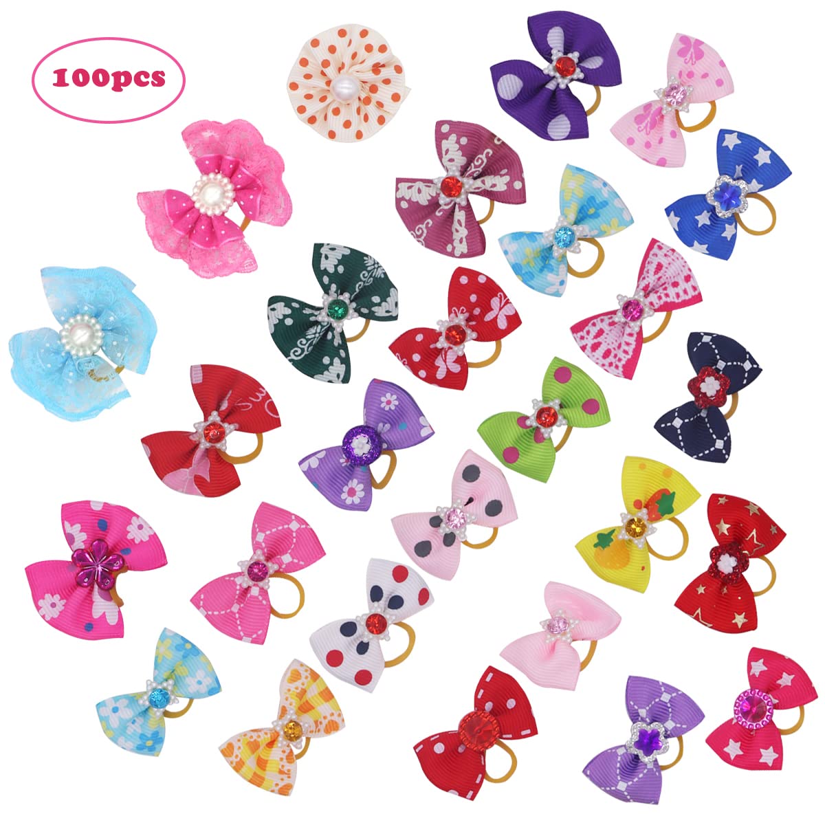 Wepetyo 100pcs Dog Hair Bows with Rhinestones - Mixed Colors for Puppy Topknot & Grooming