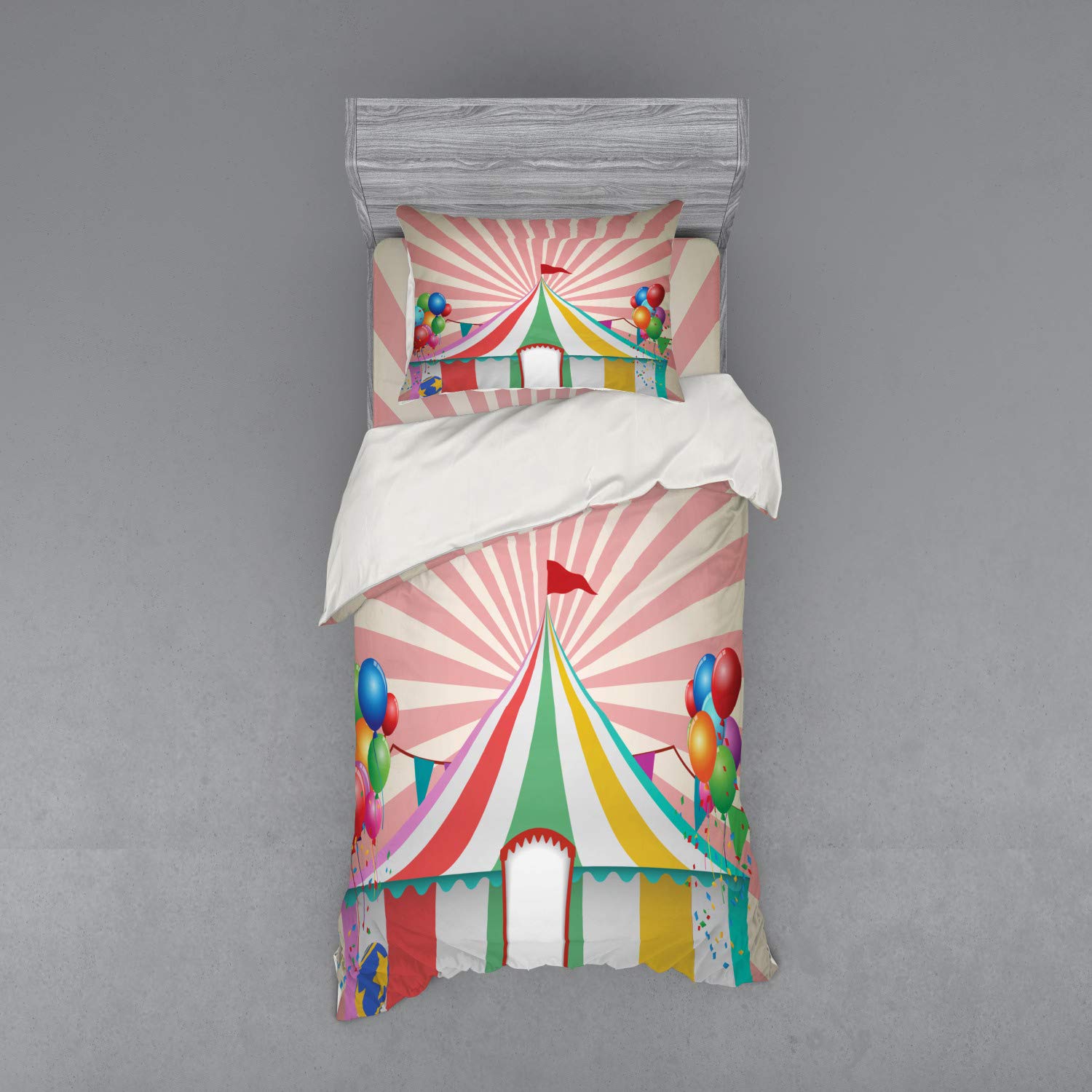 Ambesonne Vintage Circus Duvet Cover Set - 3 Piece Twin XL Bedding with Sham & Fitted Sheet, Old Style Carnival Tent Design with Balloons & Animals, Multicolor | Perfect for Kids' Rooms, Themed Bedrooms & Circus Lovers