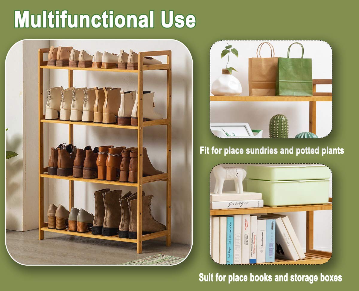 4-Tier Adjustable Wooden & Bamboo Shoe Rack Organizer - Space Saving Entryway Storage for Boots, Sneakers & High Heels - Perfect for Bedroom, Closet & Mudroom Organization
