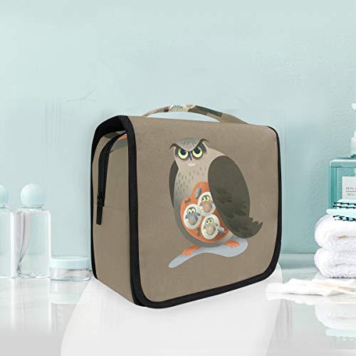 Foldable Waterproof Hanging Toiletry Bag for Travel - Grey Owl Print Cosmetic Makeup Organizer Case for Women & Girls - Perfect for Bathroom, Gym, Camping & Airplane Carry-On