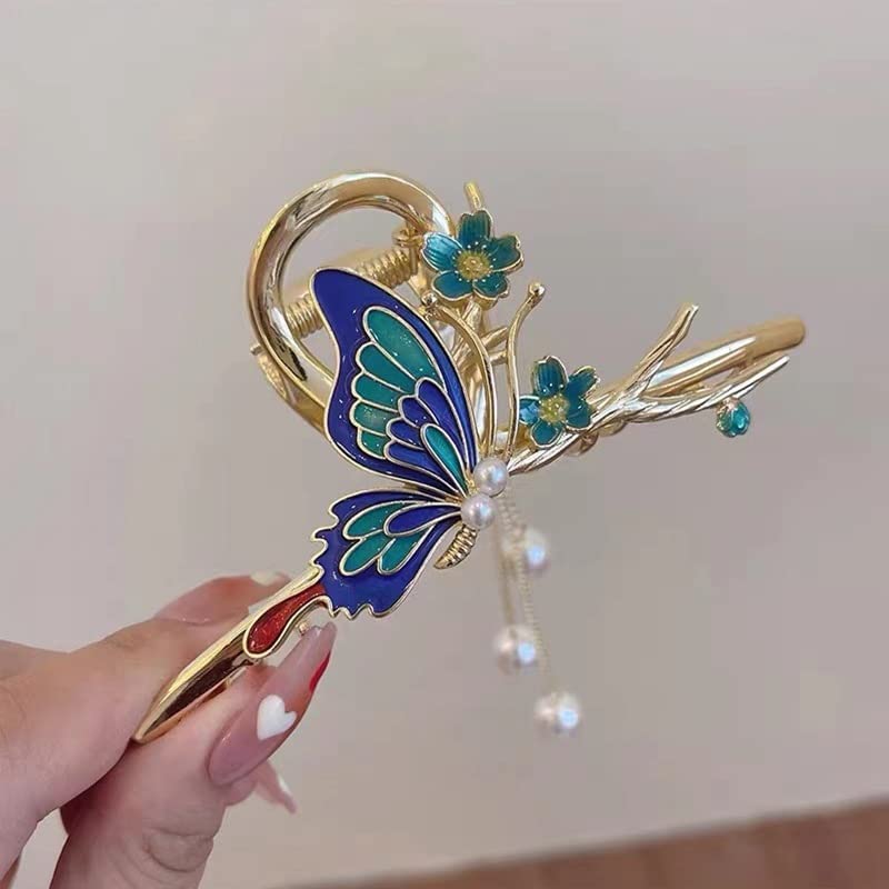 Butterfly Hair Clips for Women - Non-Slip Strong Metal Hair Claw Clips with Sparkly Butterfly Design - Cute Big Hair Accessories for Ponytails, Buns & Updos - Perfect Headwear Gift (Queen Blue)