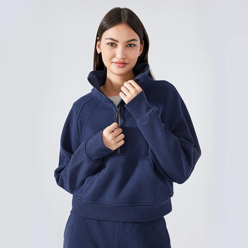 Women's Autumn Half-Zip Fleece Hoodie - Warm Stand Collar Pullover for Outdoor Sports & Casual Wear | Cozy Fall Layering Essential for Hiking, Running & Everyday Comfort