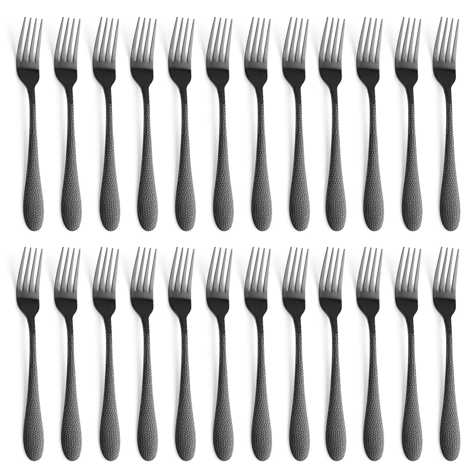 24-Piece Matte Black Hammered Salad Forks Set - SANLUNS Stainless Steel Flatware with Hammered Surface - Heavy Duty 5.5 Inch Small Forks for Home & Kitchen - Perfect for Dinner Parties, Picnics, and Restaurant Use