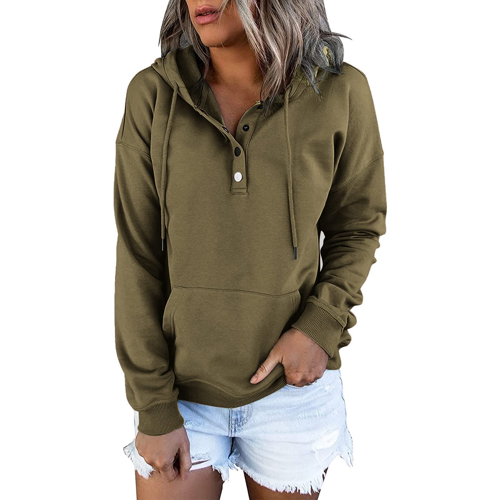 Women's Casual Pullover Hoodies with Button Down Front, Drawstring Hood & Pockets - Long Sleeve Sweatshirts for Everyday Wear, Workout & Outdoor Activities