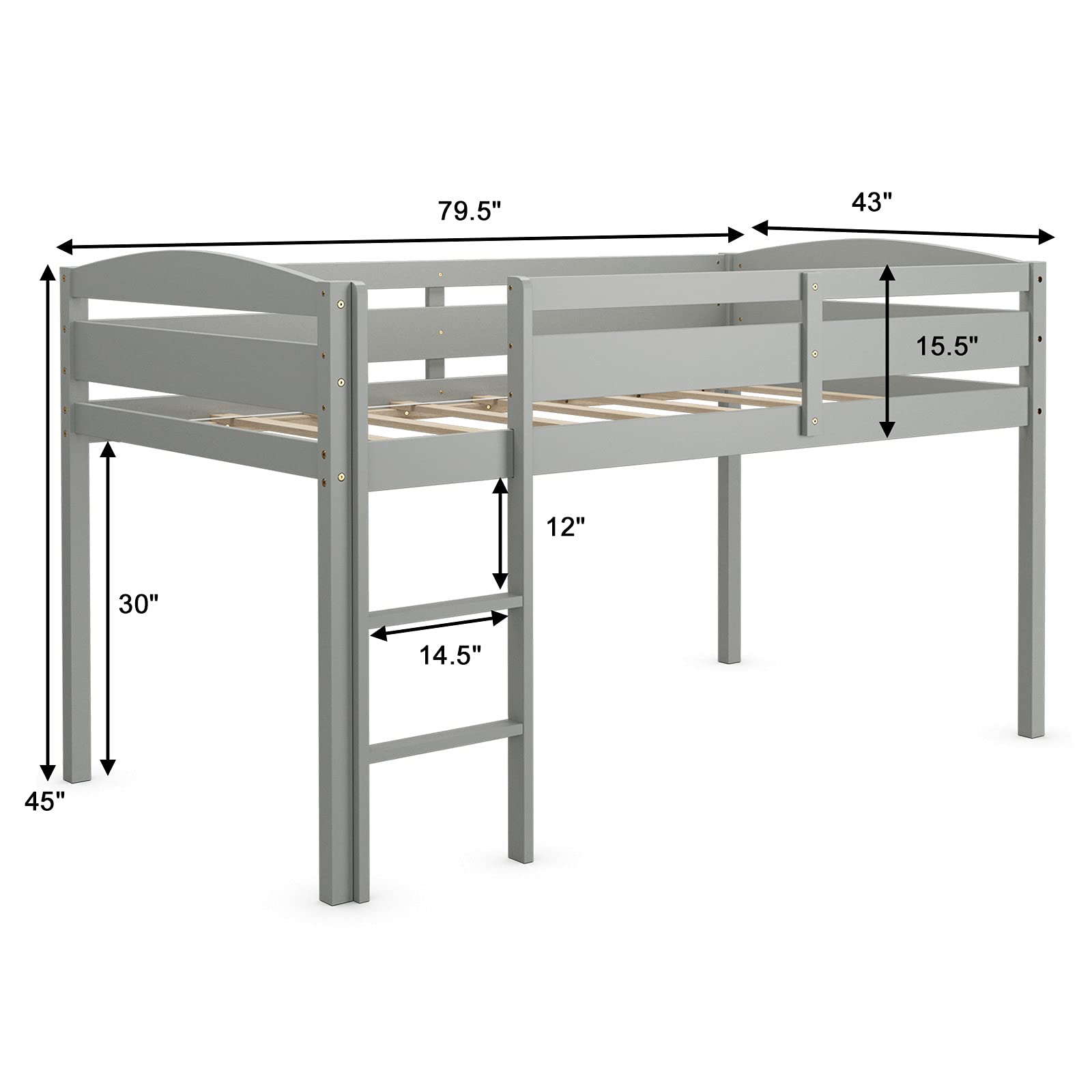 Costzon Twin Loft Bed with Storage - Solid Wood Low Bunk Bed with Guard Rail & Ladder for Kids - Space-Saving Bedroom Furniture for Boys & Girls - No Box Spring Needed - Classic Gray Children's Loft Bed - Perfect for Small Rooms, Dormitories & Shared Kids' Bedrooms