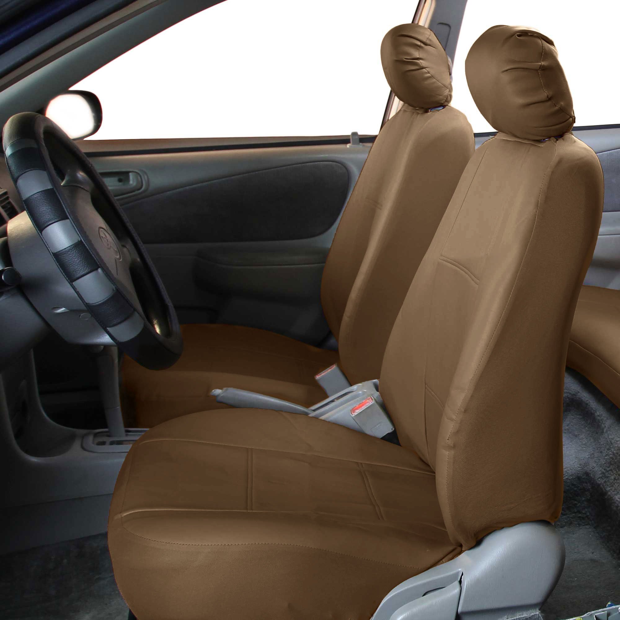 Premium FH Group PU Leather Car Seat Covers Full Set - Universal Fit for Trucks, SUVs & Vans (Front & Rear Split Bench, Tan) | Easy Installation with Free Gift | Perfect for Road Trips, Daily Commute & Family Protection
