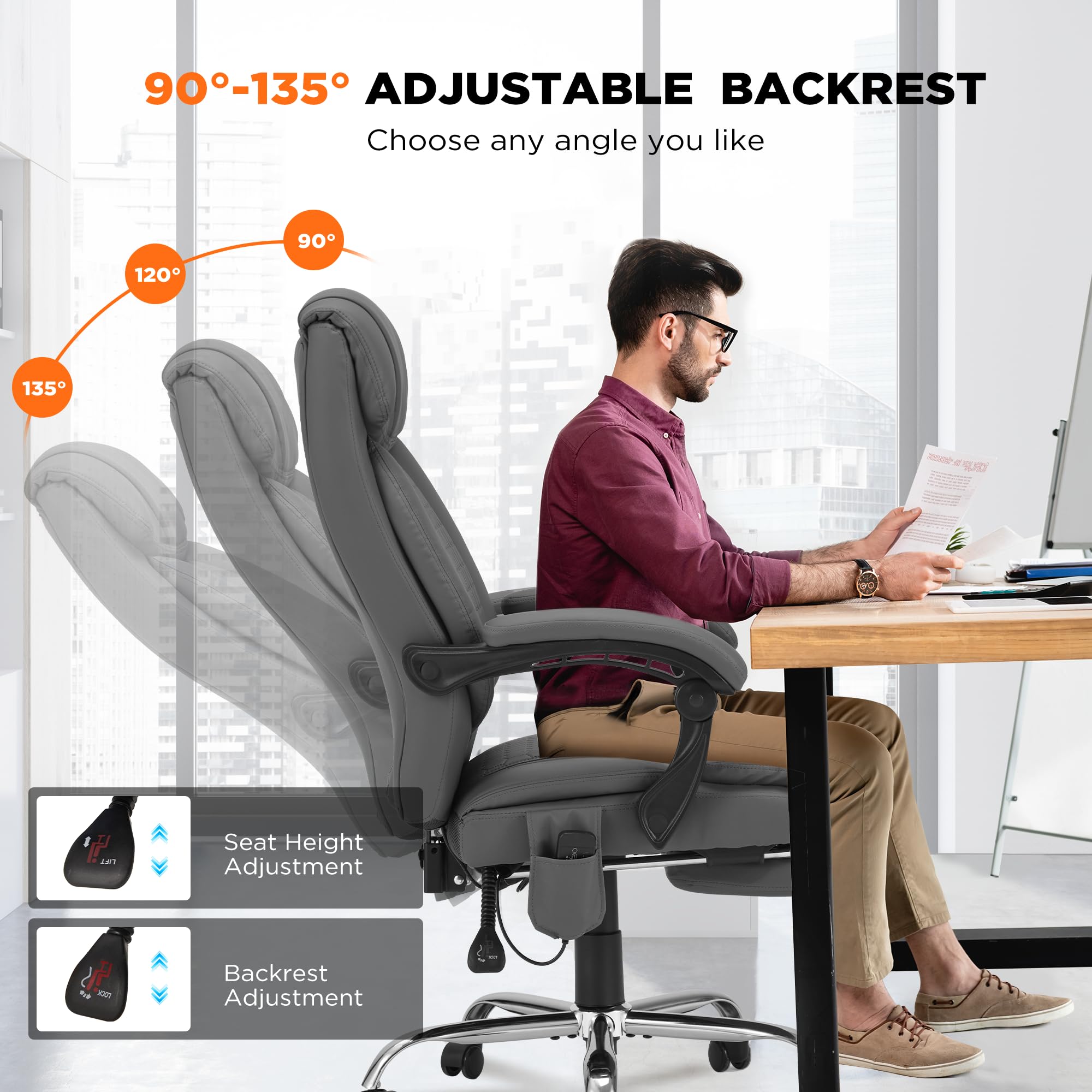 HOMREST Ergonomic Reclining Office Chair with 4-Point Massage & Heating - Adjustable Executive Chair with Retractable Footrest - Gray Home Computer Desk Chair for Work, Gaming & Relaxation - Perfect for Home Office, Study & Workspace Comfort