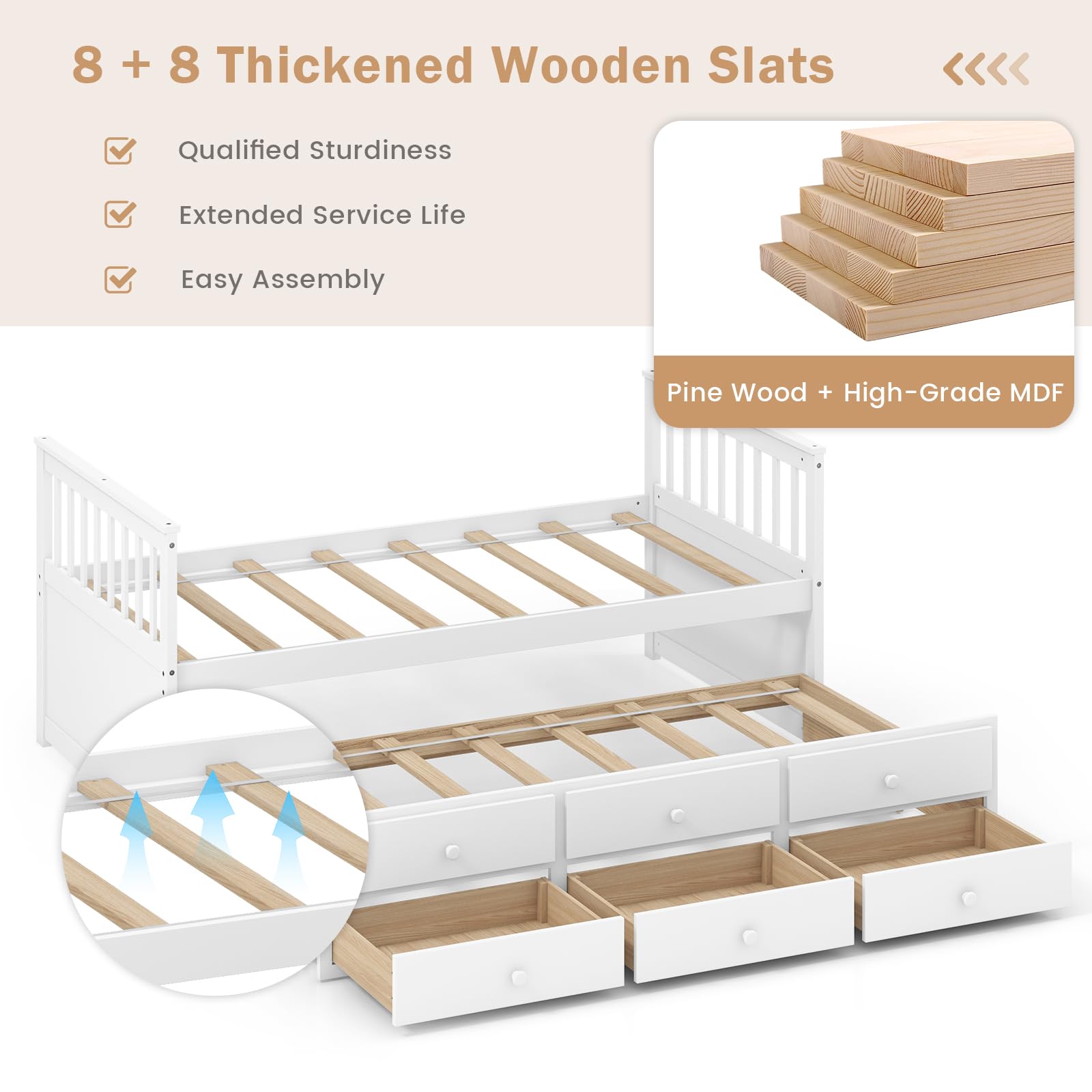 DORTALA Twin Size Trundle Bed with Storage Drawers - Wooden Daybed with Pull-Out Trundle, No Box Spring Needed, Modern Captains Bed for Kids, Teens & Adults - Perfect for Small Bedrooms, Guest Rooms & Studio Apartments (White)