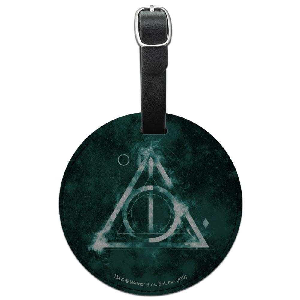 Harry Potter Deathly Hallows Logo Round Leather Luggage Tag - Personalized Carry-On ID Tag for Suitcases & Backpacks - Perfect for Travel, Cosplay & Harry Potter Fans