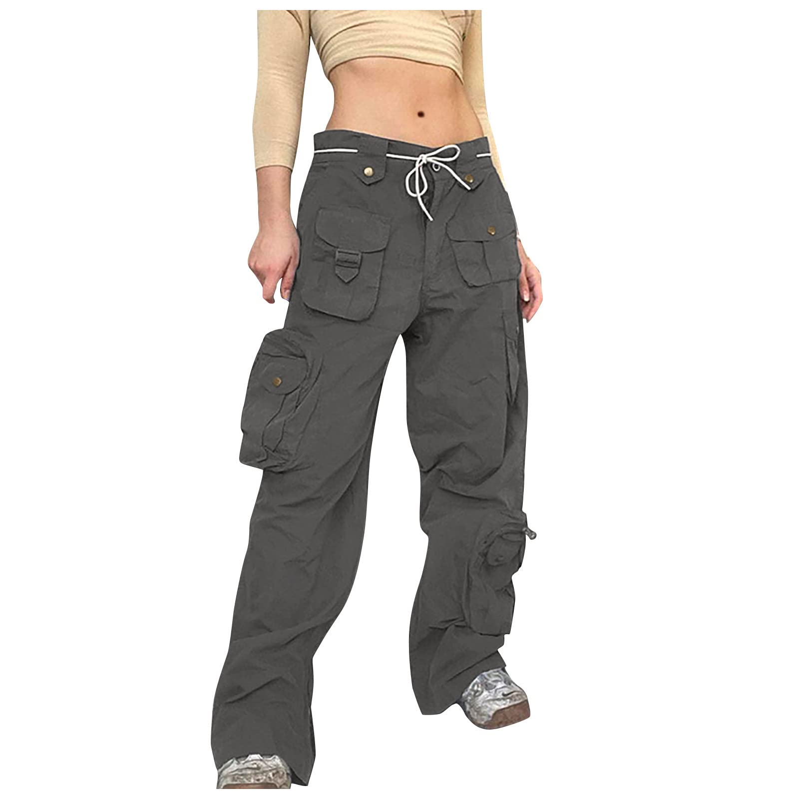 Women's Baggy Cargo Pants - Vintage Y2K Wide Leg Sweatpants with Drawstring & Low Waist | Streetwear Joggers for Casual Wear, Workout & Fashion Outfits