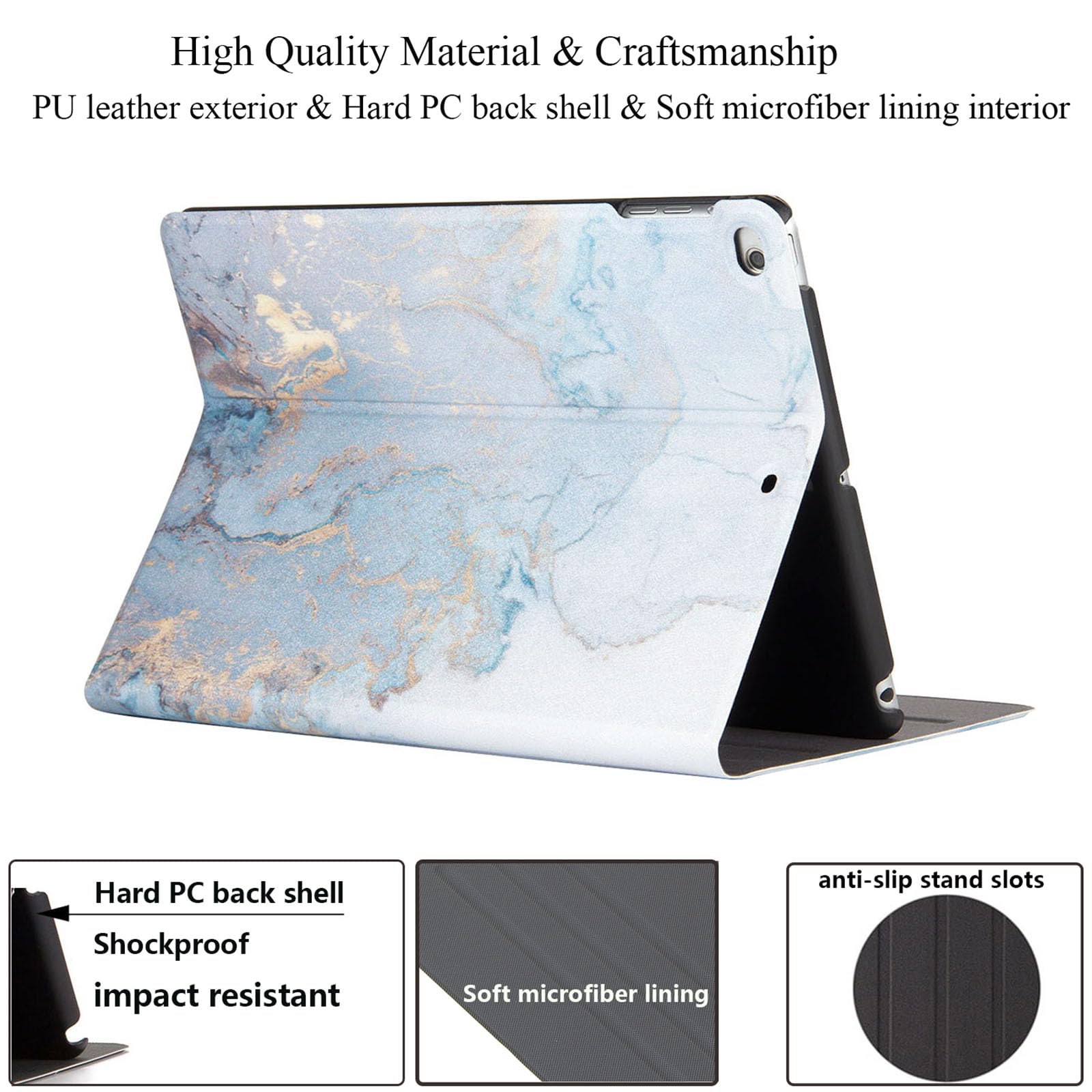 Premium Shockproof PU Leather Case for Apple iPad 9.7 (6th/5th Gen 2018/2017), iPad Air 1 & Air 2 - Smart Folio Stand Cover with Auto Wake/Sleep - Gold Marble Design - Perfect for Work, Travel & Home Use