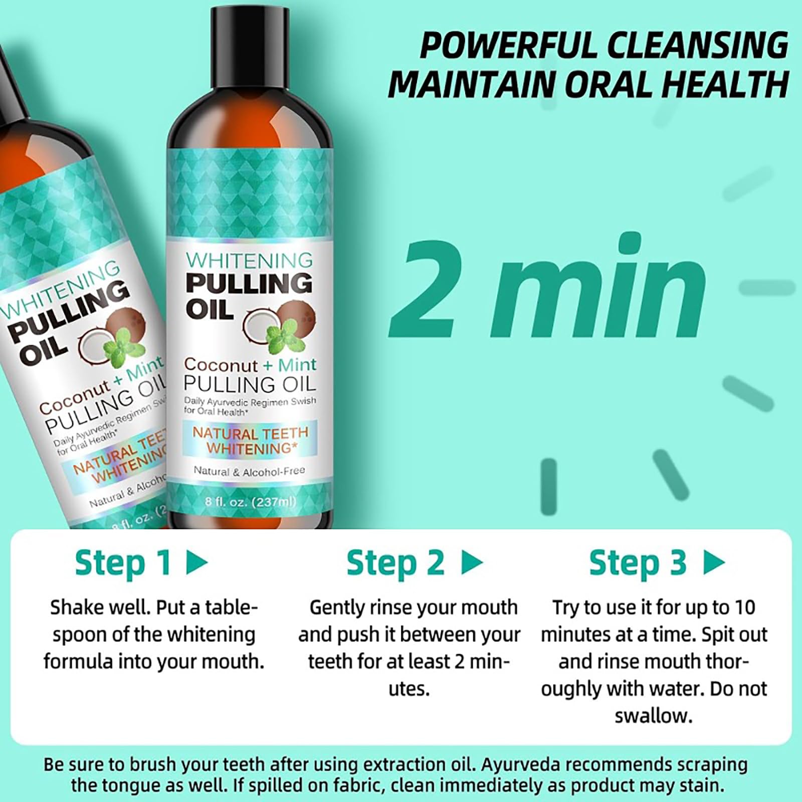 Natural Teeth Whitening Mouthwash with Coconut & Peppermint Oil - Ayurvedic Oil Pulling Oral Rinse for Fresh Breath & Stain Removal - 237ml (2 Pack) - Perfect for Morning Routine & Oral Hygiene Care
