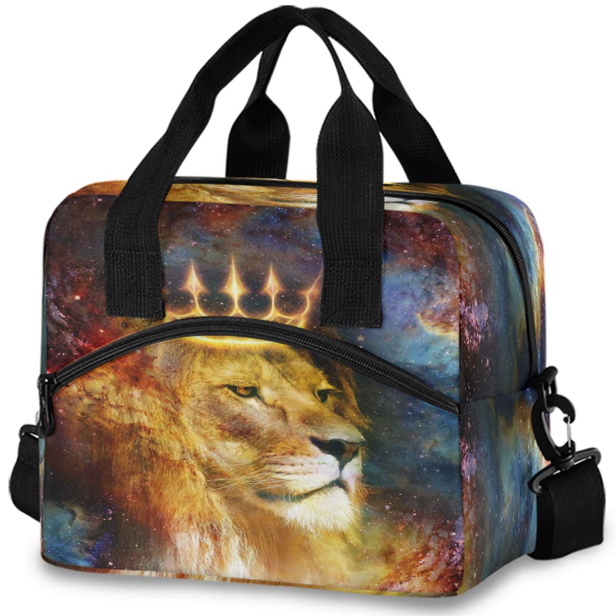 Oarencol Lion King Cosmic Space Insulated Lunch Tote Bag - Reusable Cooler Lunch Box with Shoulder Strap for Work, School, Picnic & Beach - Galaxy Star Animal Design for Kids & Adults