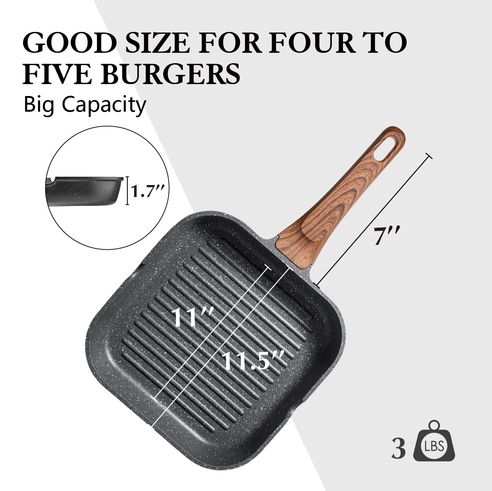 SENSARTE 11 Inch Nonstick Grill Pan for Stove Tops - Square Griddle Pan with Pour Spouts, Large Cooking Surface, PFOA Free - Perfect for Indoor & Outdoor Grilling, BBQ, Pancakes, Burgers, Steaks and More