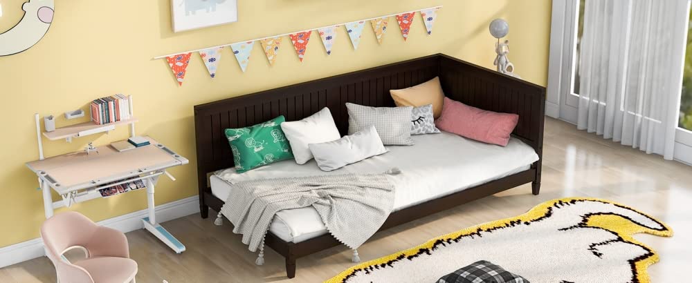 Twin Size Daybed with Headboard & Sideboard - Wooden Low Profile Sofa Bed Frame with Slat Support - Modern Dual-Use Floor Bed for Teens & Adults in Espresso - Perfect for Child's Room, Bedroom or Living Room as Guest Bed or Lounge Sofa