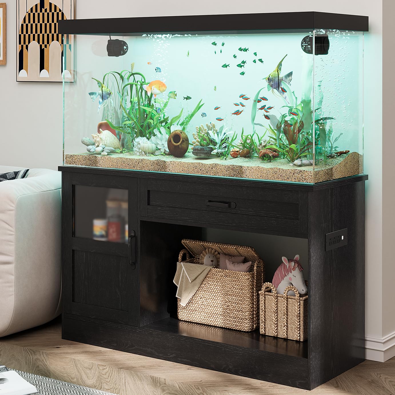 40 Gallon Wooden Aquarium Stand with Drawer, Power Strip & LED Lighting - Heavy Duty Fish Tank Stand for Reptiles, Tropical Fish - Perfect for Home, Office or Classroom Aquarium Setup