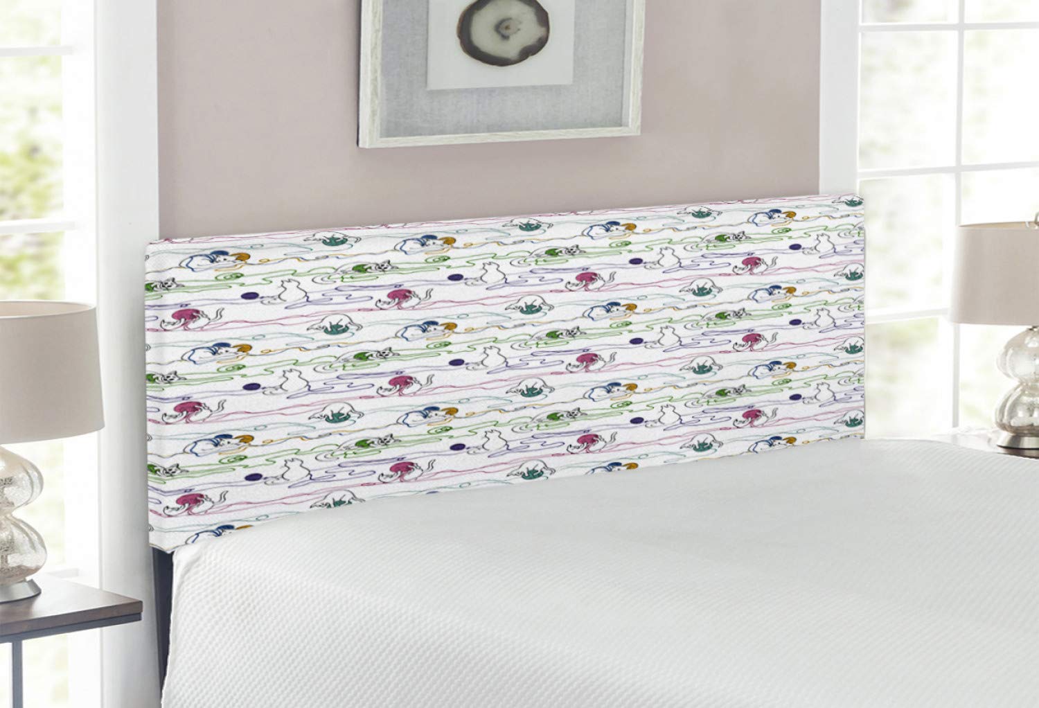 Ambesonne Full Size Upholstered Cat Headboard - Hand-Drawn Kittens Playing with Yarn Balls, Decorative Metal Bed Frame with Memory Foam Padding | Perfect for Pet Lovers' Bedroom, Kids Room & Cozy Cat-Themed Decor
