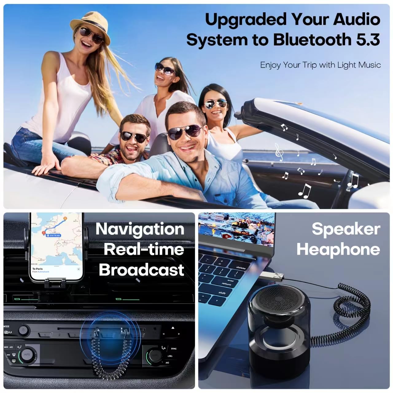 Bluetooth 5.3 Car Adapter with Built-in Mic - USB & 3.5mm Aux Audio Receiver for Hands-Free Calling - Plug & Play Wireless Bluetooth Transmitter - Works with Car Speakers & Home Stereo Systems - Perfect for Road Trips & Home Entertainment