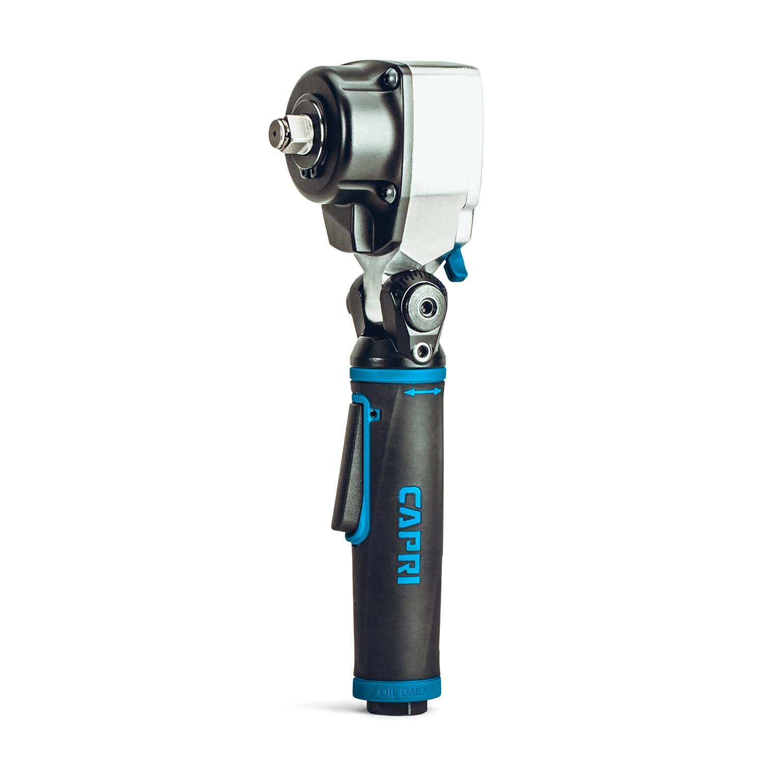 Capri Tools 1/2 Inch Flex-Head Air Angle Impact Wrench - 400 ft lbs Torque - Heavy Duty Automotive & Industrial Use for Tire Changes, Construction, and Mechanical Repairs