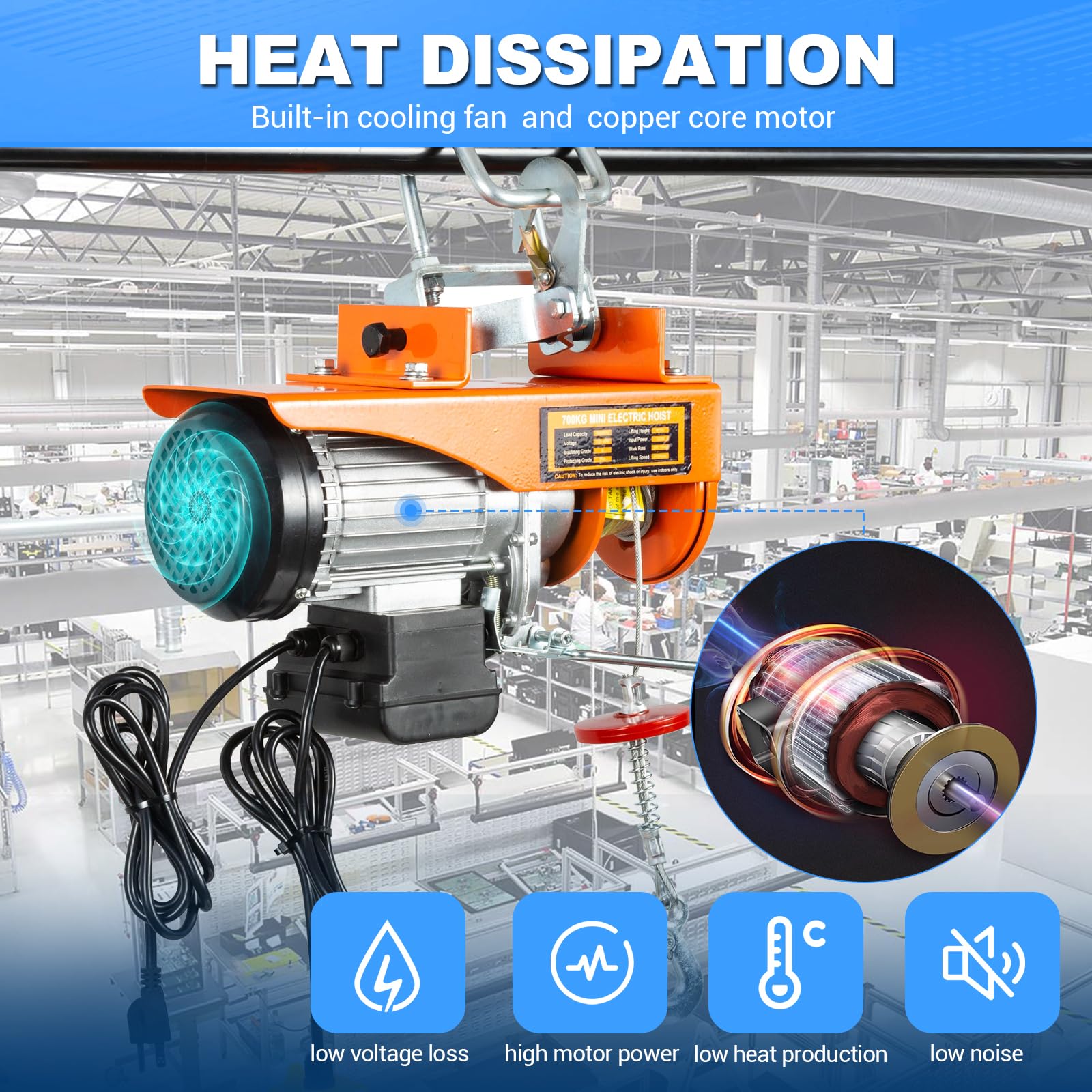 1500lbs Electric Hoist Winch with Remote Control - 110V/120V Automatic Lift Crane with 6.56ft Handle Wire & Emergency Stop - Perfect for Garage, Warehouse, Ceiling & Factory Use