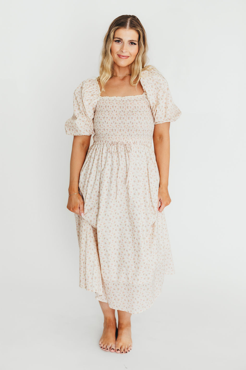 Maeve Women's 100% Cotton Puff Sleeve Midi Dress - Dainty Pink Floral Print | Casual Summer Dress for Beach, Garden Parties & Date Nights