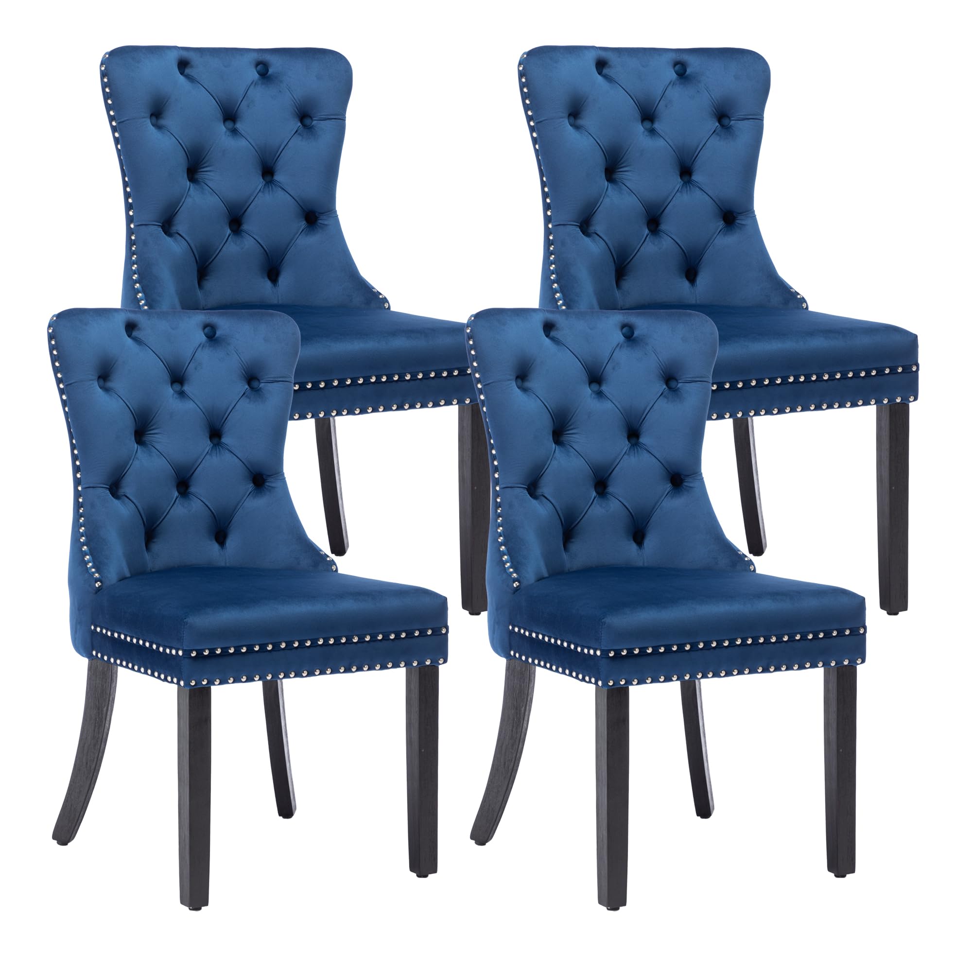 KCC Velvet Dining Chairs Set of 4 - Upholstered Tufted Modern Dining Room Chairs with Nailhead Trim & Solid Wood Legs, Nikki Collection in Elegant Blue - Perfect for Kitchen, Dining Room, Restaurant or Home Decor