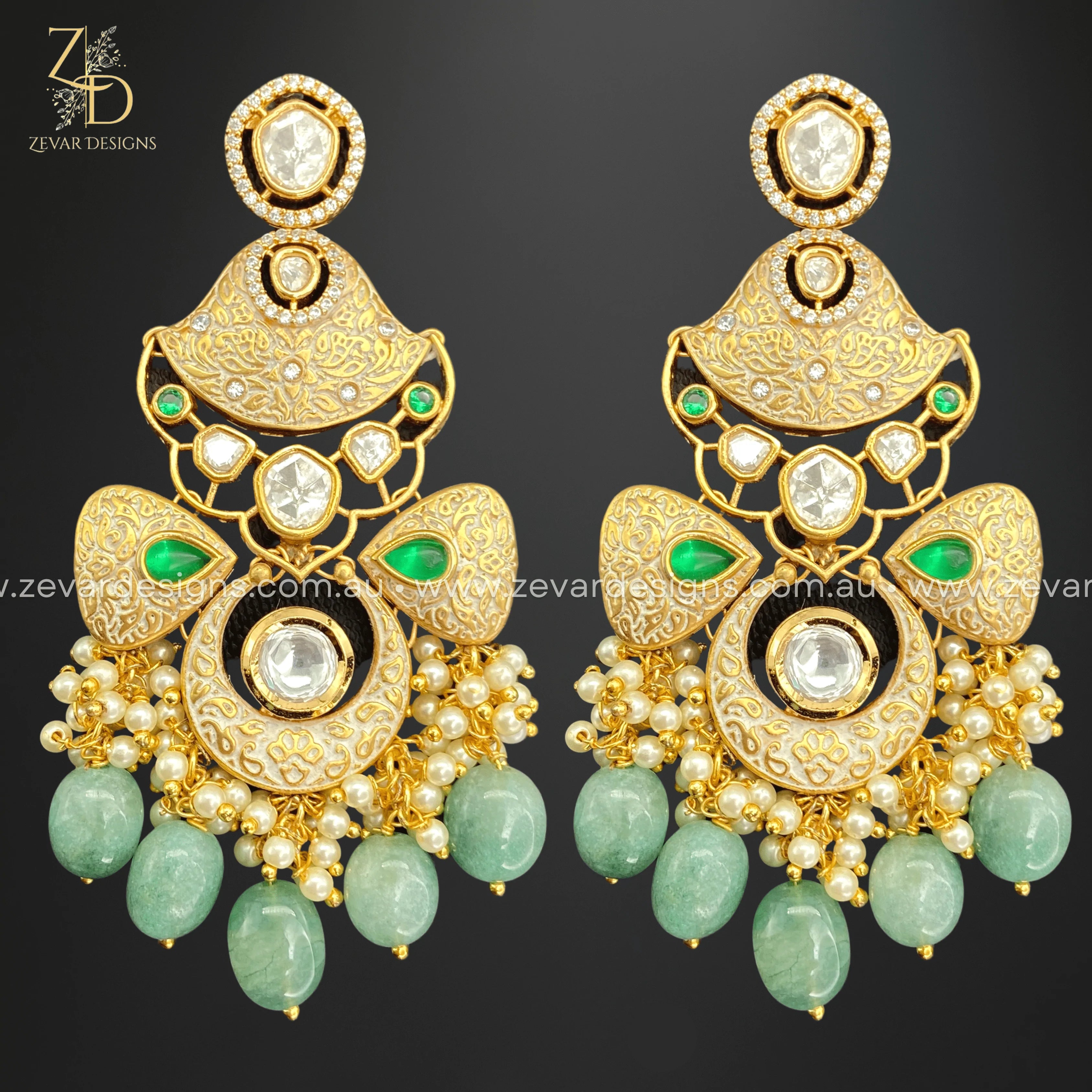 Exquisite Kundan Earrings with Ivory & Emerald Green Drops | Traditional Indian Jewelry for Weddings, Parties & Special Occasions