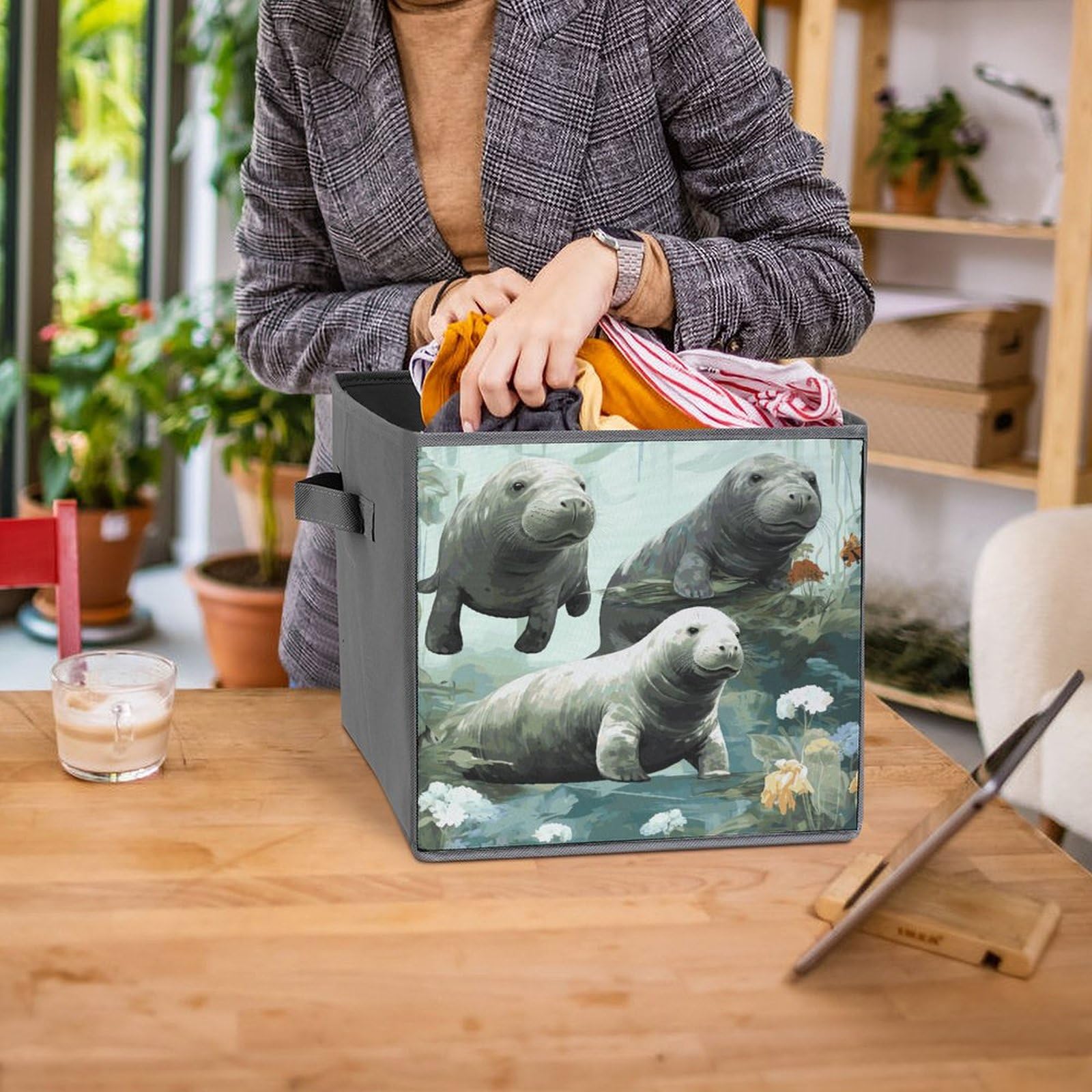 6-Piece Collapsible Storage Bins with Handles - Cute Rabbit & Manatee Printed Foldable Organizing Baskets for Home, Closet, Shelves & Office Storage Solutions | Space-Saving Home Organization for Toys, Books & Clothes