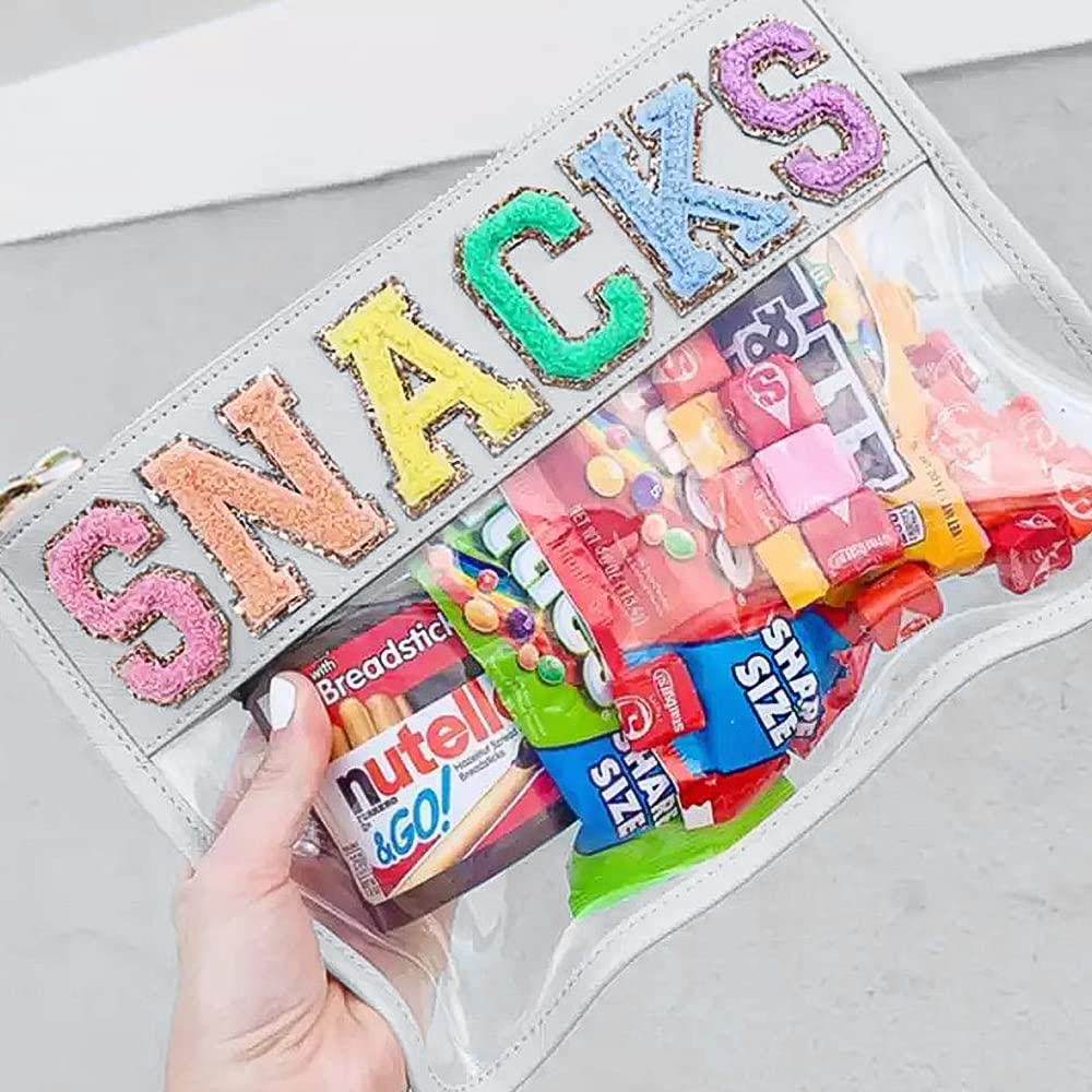 Chenille Letter Snack Pouch - Clear PVC & Nylon Zipper Snack Bag for Travel, School & Organization | Glittery Reusable Food Storage Container for Women & Kids | Perfect for Lunch, Snacks & On-the-Go Meals | White Chenille Letter Bag
