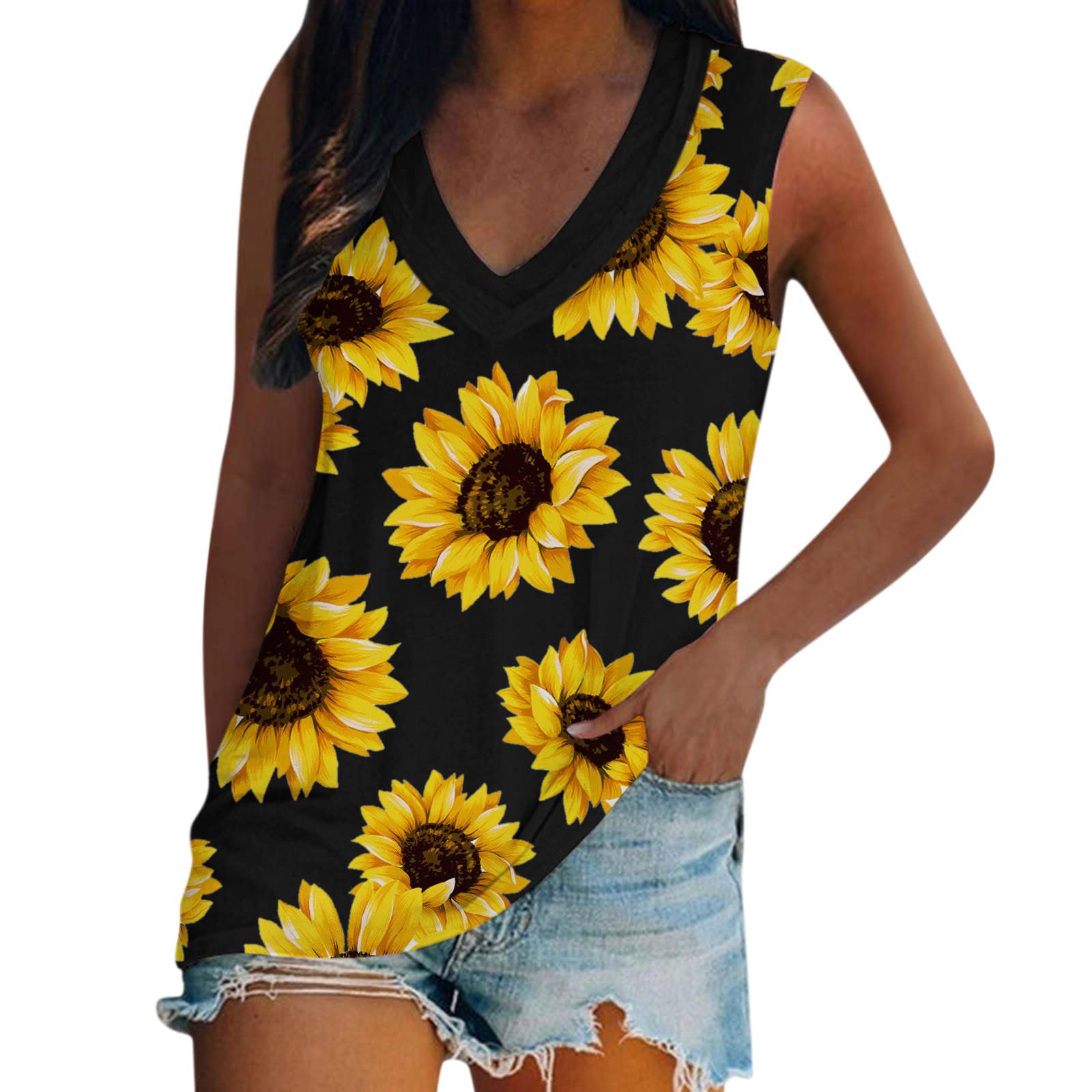 Women's Floral Print V-Neck Sleeveless Summer Top - Casual Loose Pullover Vest Shirt for Women - Perfect for Beach Outings, Picnics, and Everyday Wear