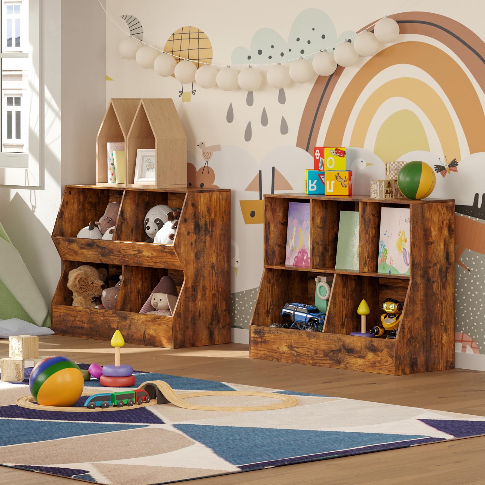DINZI LVJ Wooden Kids Bookshelf & Toy Storage Organizer - 4 Cubby Children's Bookcase with Toy Storage Cabinet - Rustic Brown 35.4