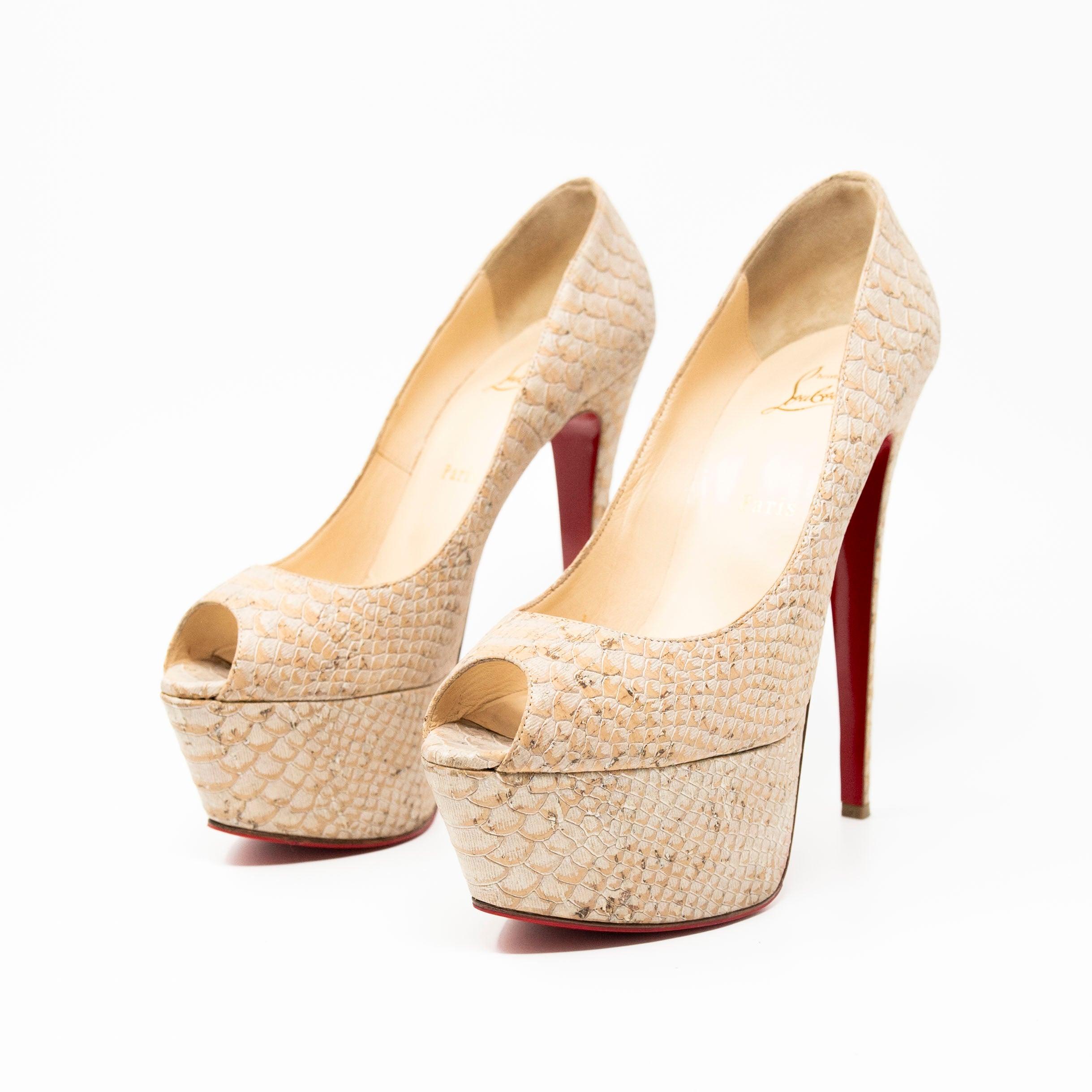 Christian Louboutin Beige Snake Print Lady Peep Toe Pumps Size 40.5 - Elegant High Heels for Women, Perfect for Parties, Weddings & Evening Events