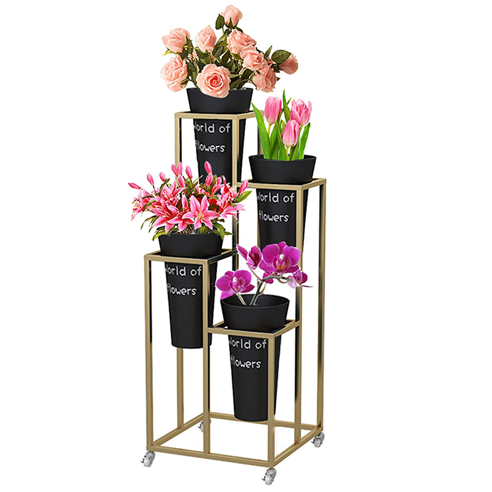 Decorative Metal Flower Display Stand with Buckets - Indoor/Outdoor Plant Shelf for Potted Plants, Florist Planter Holder - Perfect for Garden, Living Room, Balcony & Home Decor