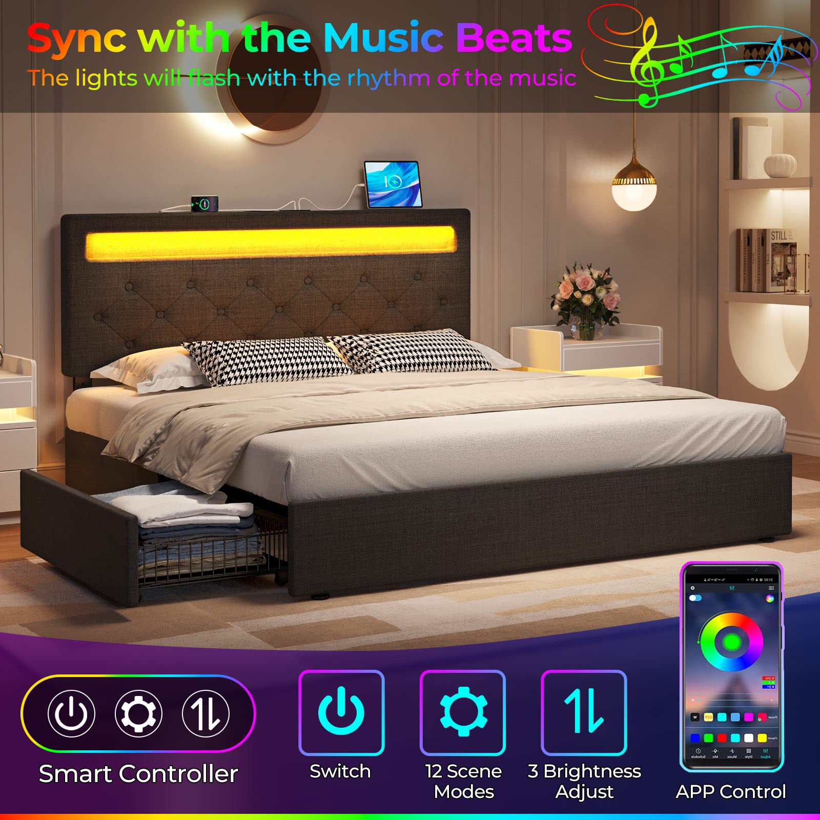 Rolanstar Full Size Bed Frame with USB Charging Station & LED Lights, Upholstered Platform Bed with Adjustable Headboard & 4 Storage Drawers - No Box Spring Needed, Easy Assembly, Dark Gray - Perfect for Modern Bedrooms & Small Spaces