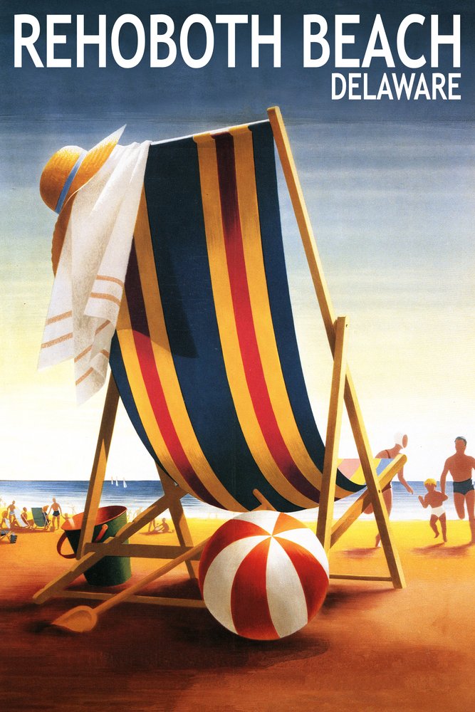 Rehoboth Beach Delaware Coastal Wall Art - 12x18 Beach Chair & Ball Poster, Perfect for Living Room, Bedroom, or Office Decor