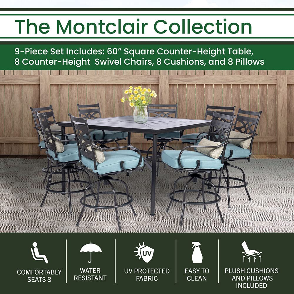 Hanover Montclair 9-Piece Outdoor Dining Set - 8 Swivel Bar Height Chairs with Thick Cushions & 60