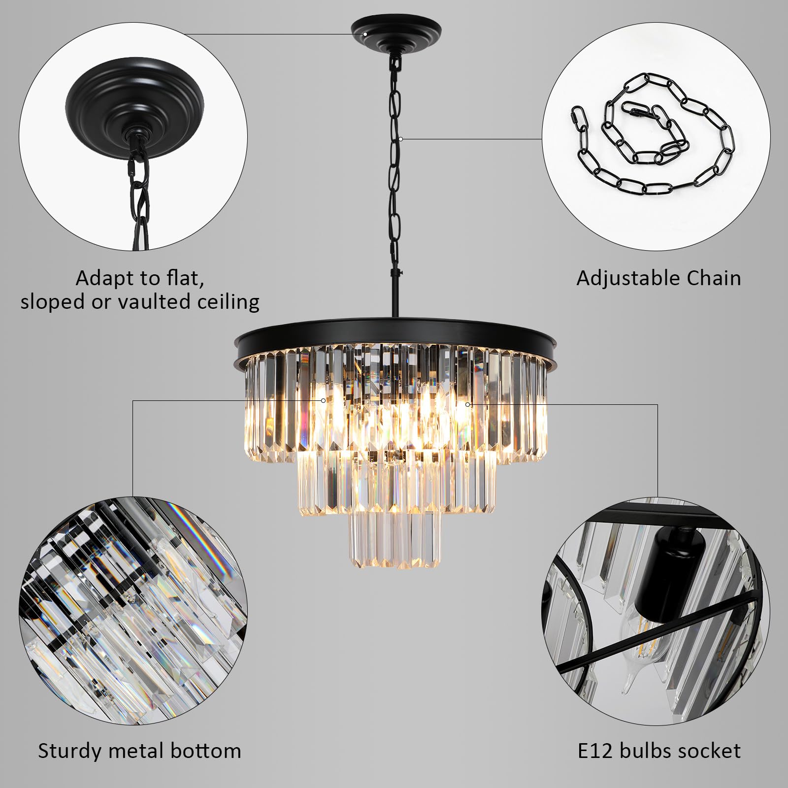 9-Light Black Modern Crystal Chandelier - 3-Tier Round Ceiling Light Fixture for Dining Room, Bedroom, Living Room, Entryway & Kitchen Island (20 Inch Diameter) - Elegant Lighting for Home Decor & Special Occasions