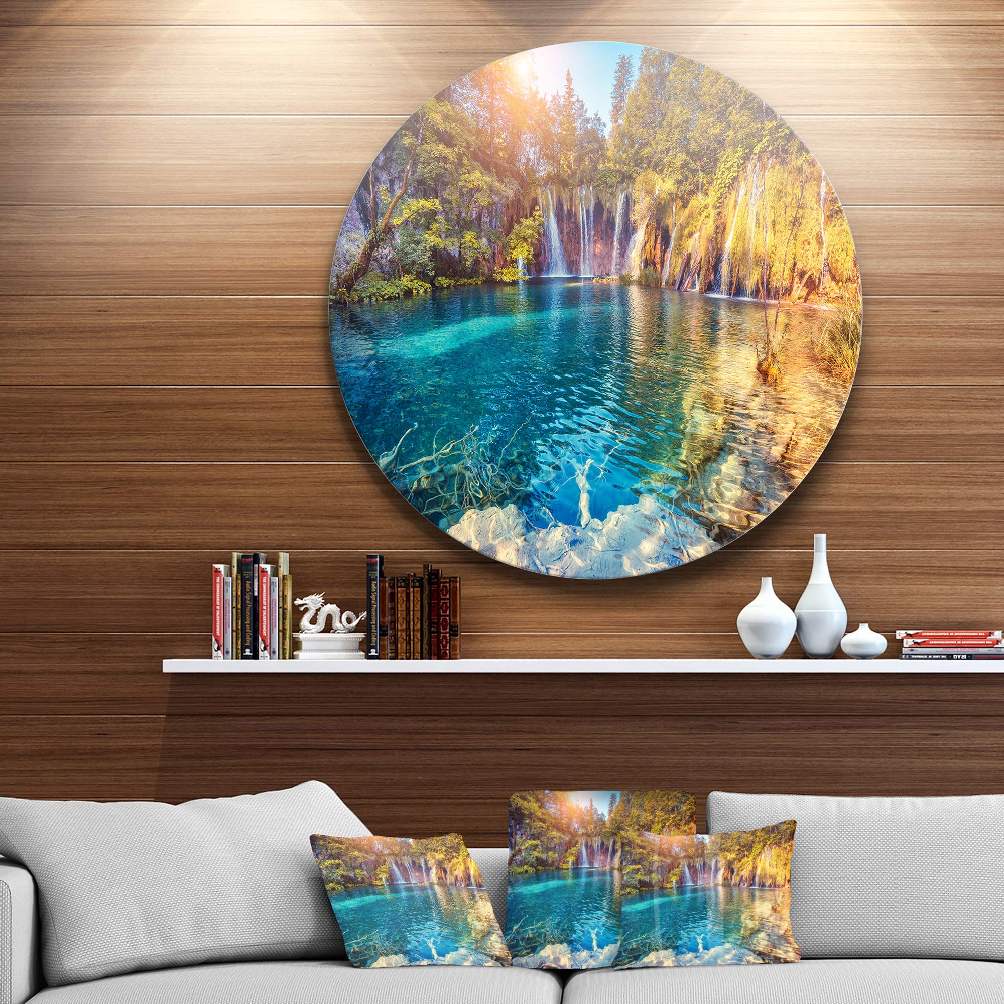 DesignArt Round Metal Wall Art - Turquoise Water & Sunny Beams Landscape Photography - Modern Home Decor for Living Room, Bedroom, Office