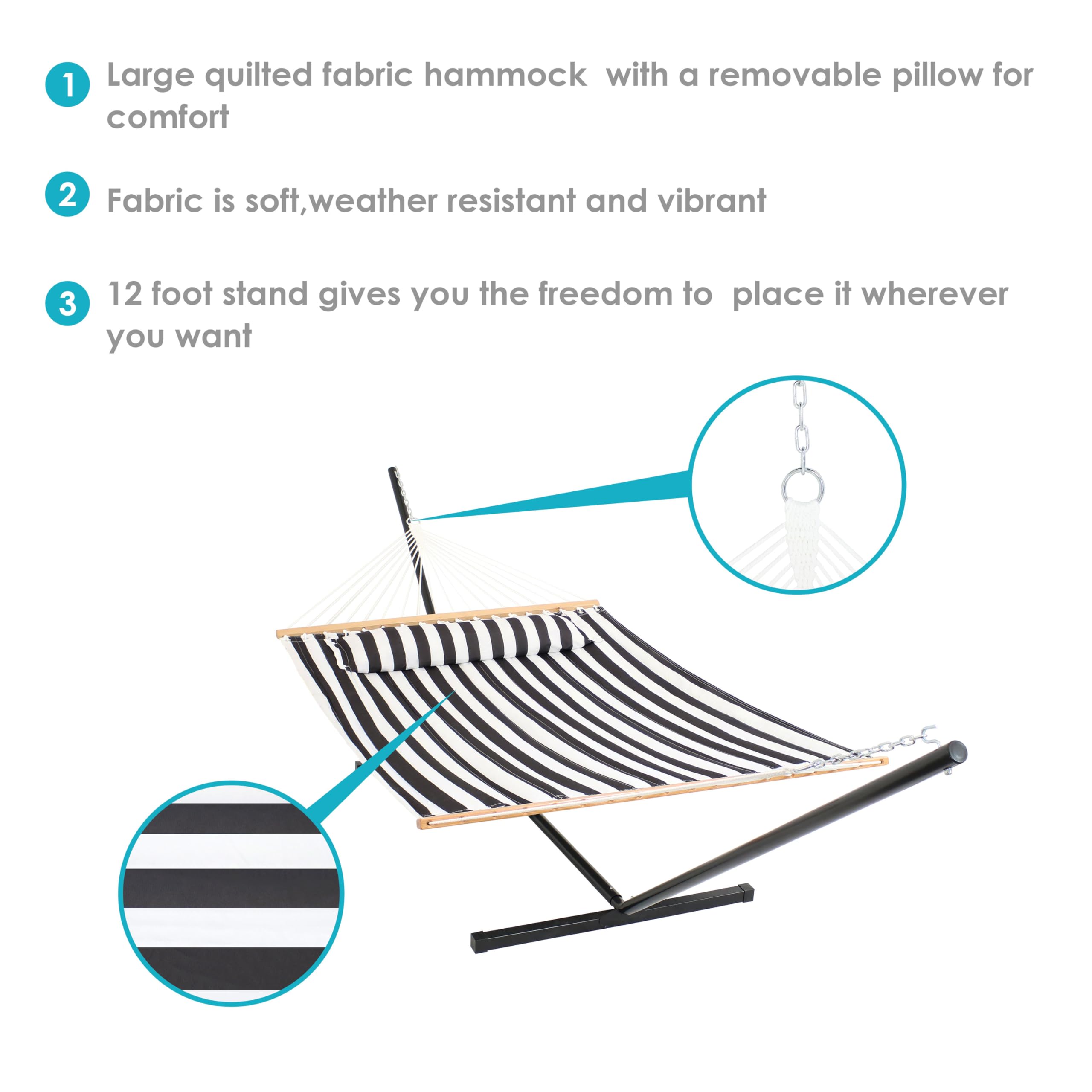 Sunnydaze Quilted Double Hammock with Stand for Outdoor Relaxation - 350lb Weight Capacity 2-Person Hammock with 12ft Steel Stand - Black & White Stripe Design - Perfect for Backyard, Patio, Camping & Beach Use