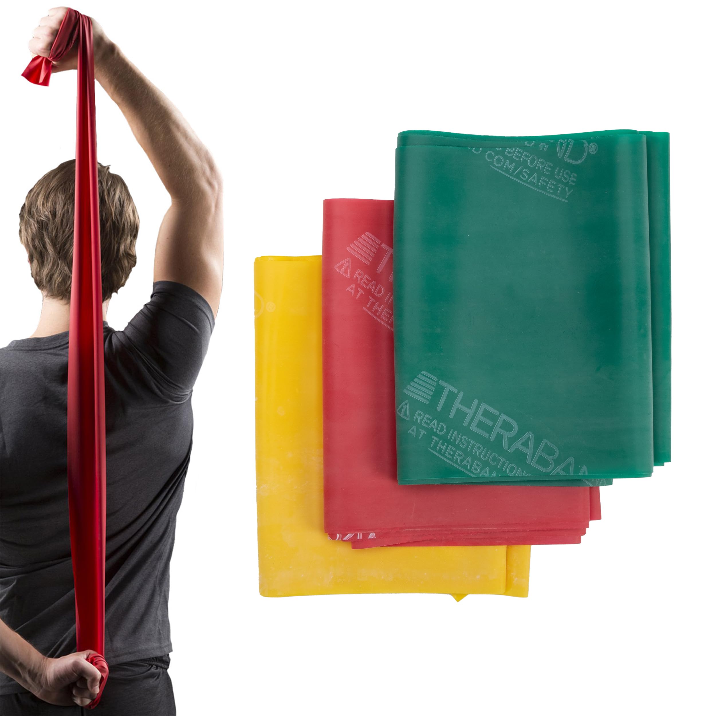 THERABAND Resistance Band Set - 5 Foot Professional Elastic Bands for Upper & Lower Body Workouts, Core Exercise, Physical Therapy, Pilates & Home Fitness - Yellow, Red & Green (Beginner Friendly) - Perfect for Home Gym, Physical Rehab & Strength Training