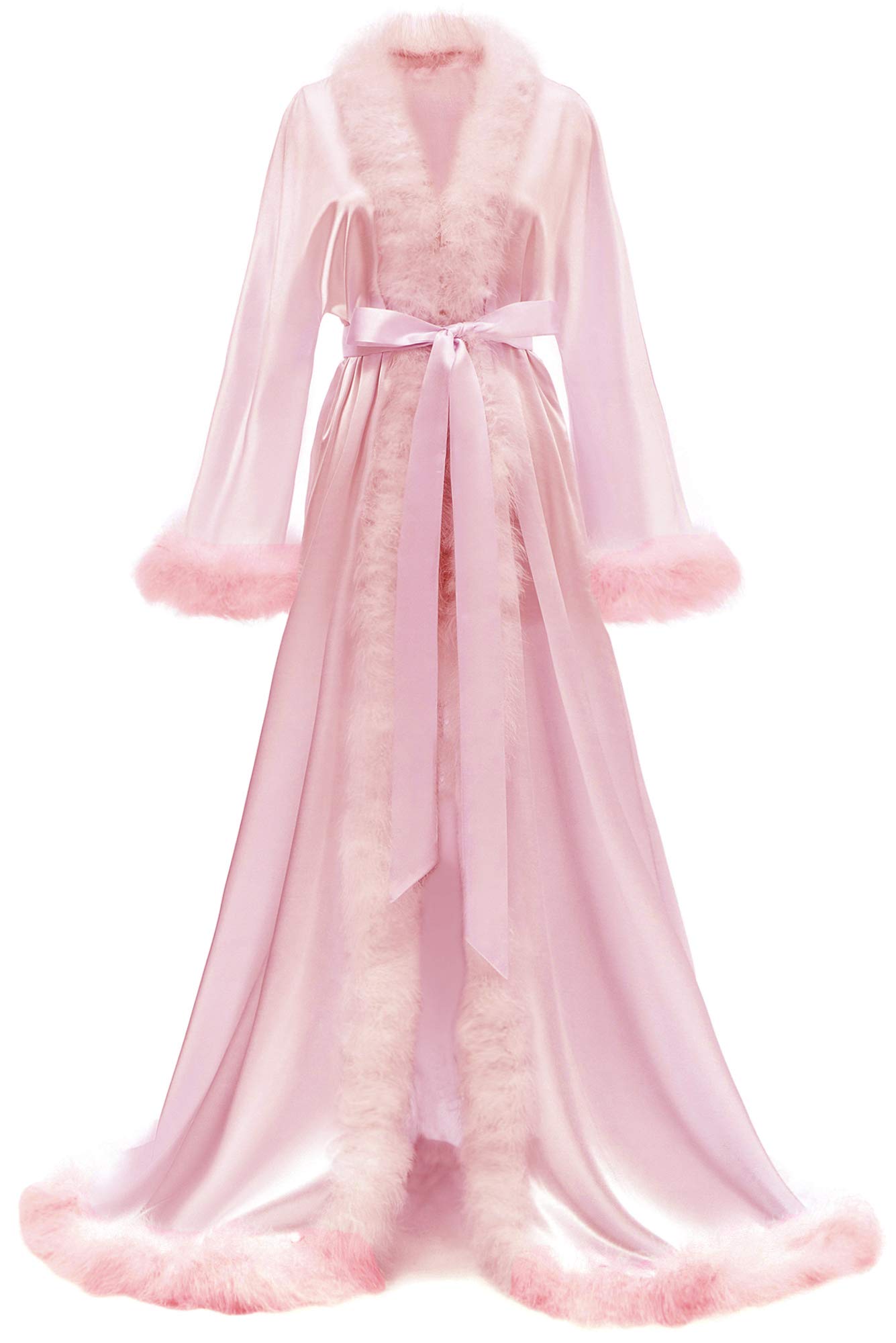 Luxury Women's Feather Bridal Robe - Silk Satin Lingerie Dressing Gown with Fur Trim for Wedding, Party & Honeymoon Nightwear