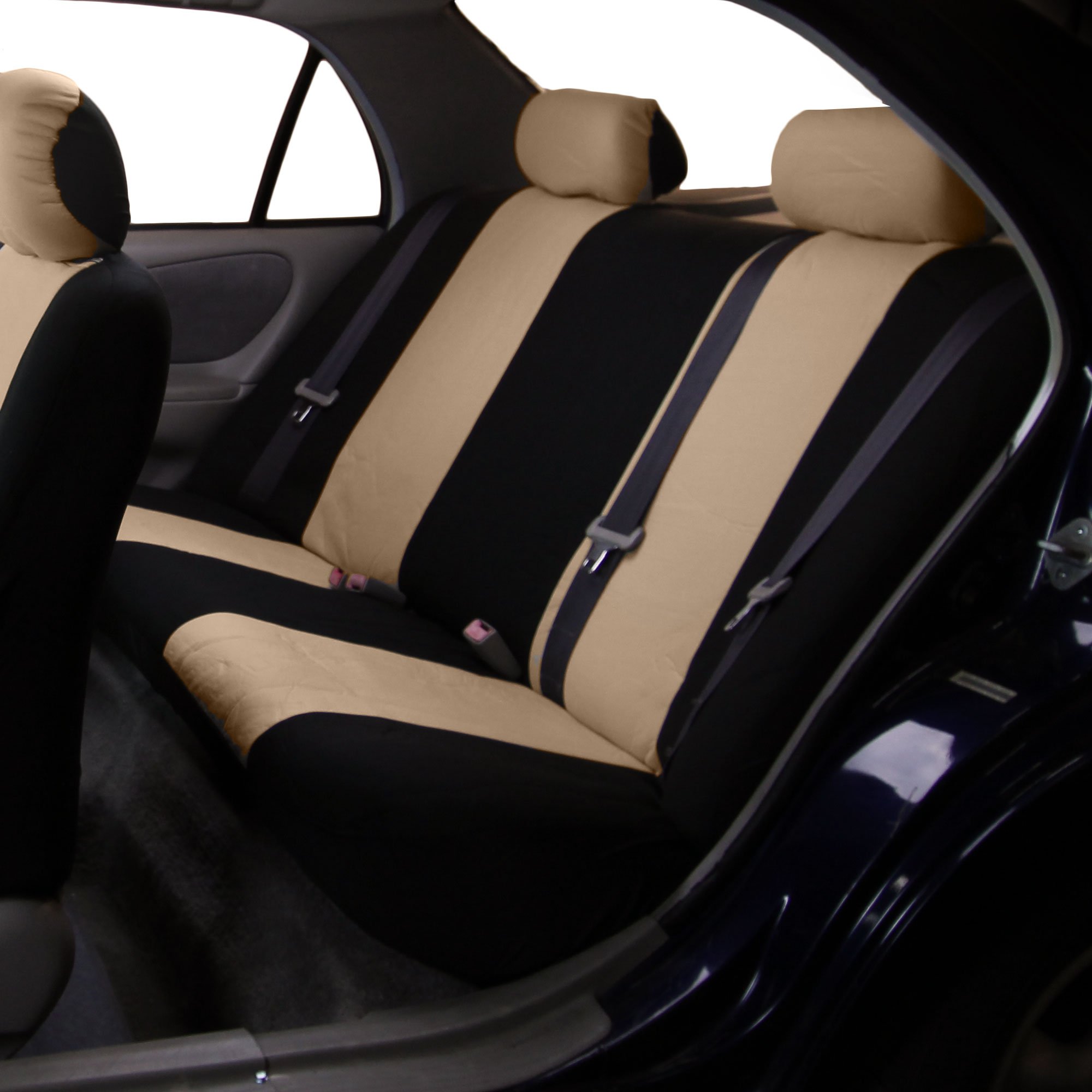 FH Group Universal Car Seat Covers Full Set - Beige Flat Cloth Bench & Seat Protectors for Cars, Trucks & SUVs | Interior Accessories Combo with Travel Tissue Dispenser | Durable & Comfortable for Daily Commute, Road Trips & Family Outings