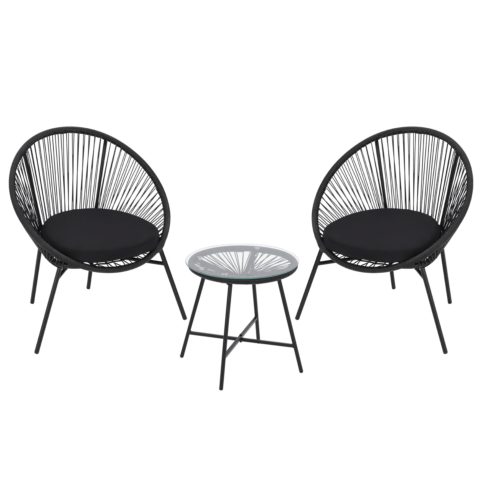 GARVEE 3-Piece Acapulco Chair Set - All-Weather Wicker Patio Furniture with Cushions, Glass Top Table & 2 Chairs - Modern Outdoor Bistro Set for Garden, Poolside, Deck & Backyard (Black)