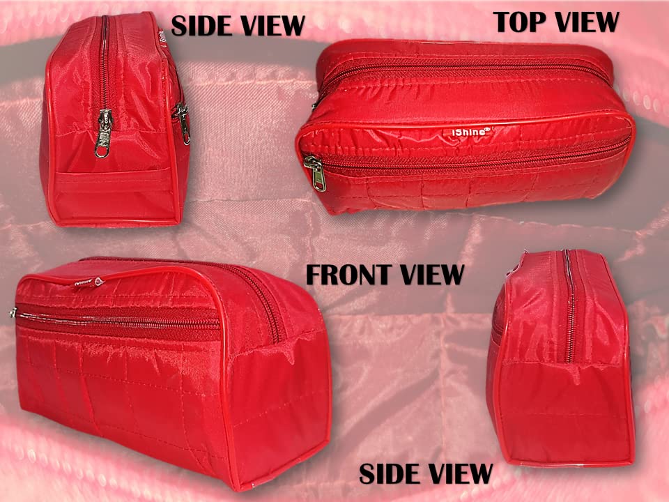 iShine Double Pocket Travel Cosmetic Bag - Waterproof Makeup Organizer Pouch for Men & Women | Morning Kit & Toiletry Storage (Red, Parachute Fabric, 2 Pack) - Perfect for Air Travel, Gym, Camping & Daily Essentials