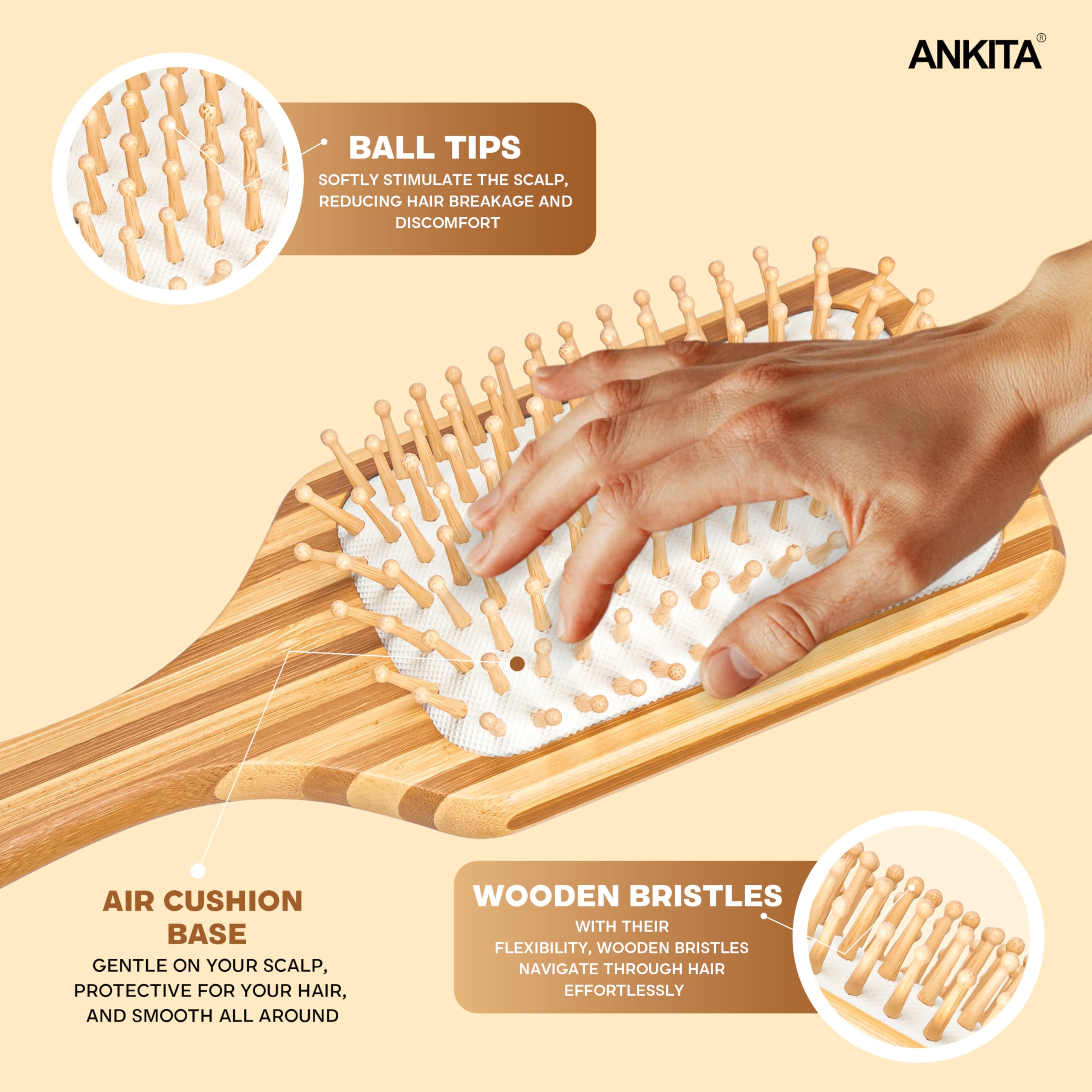 Ankita Bamboo Wood Paddle Hair Brush with Natural Bamboo Bristles - Gentle Detangling & Smoothing Hair Brush for Men & Women - Perfect for Daily Hair Care, Styling & Scalp Massage at Home or Travel