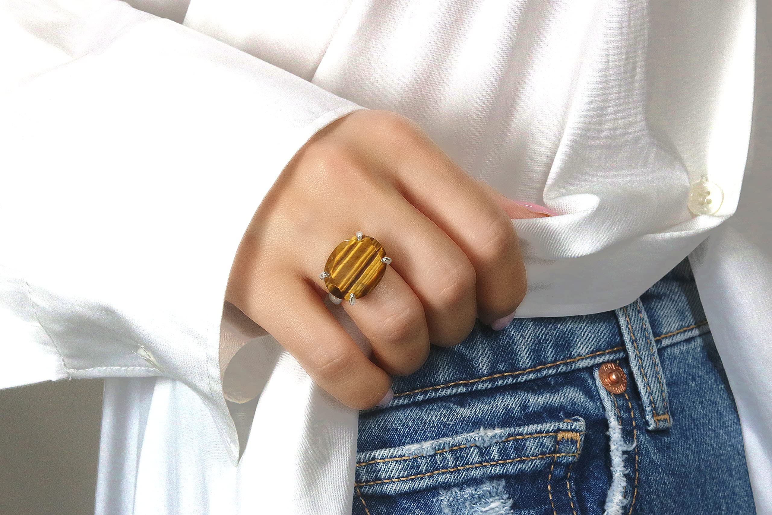 Tiger Eye Sterling Silver Ring for Women - Handcrafted Custom Cut Gemstone Jewelry - Personalized Large Statement Ring, Vintage Inspired Everyday Wear - Gift Ready with Jewelry Box | Perfect for Boho Style, Office Wear & Special Occasions