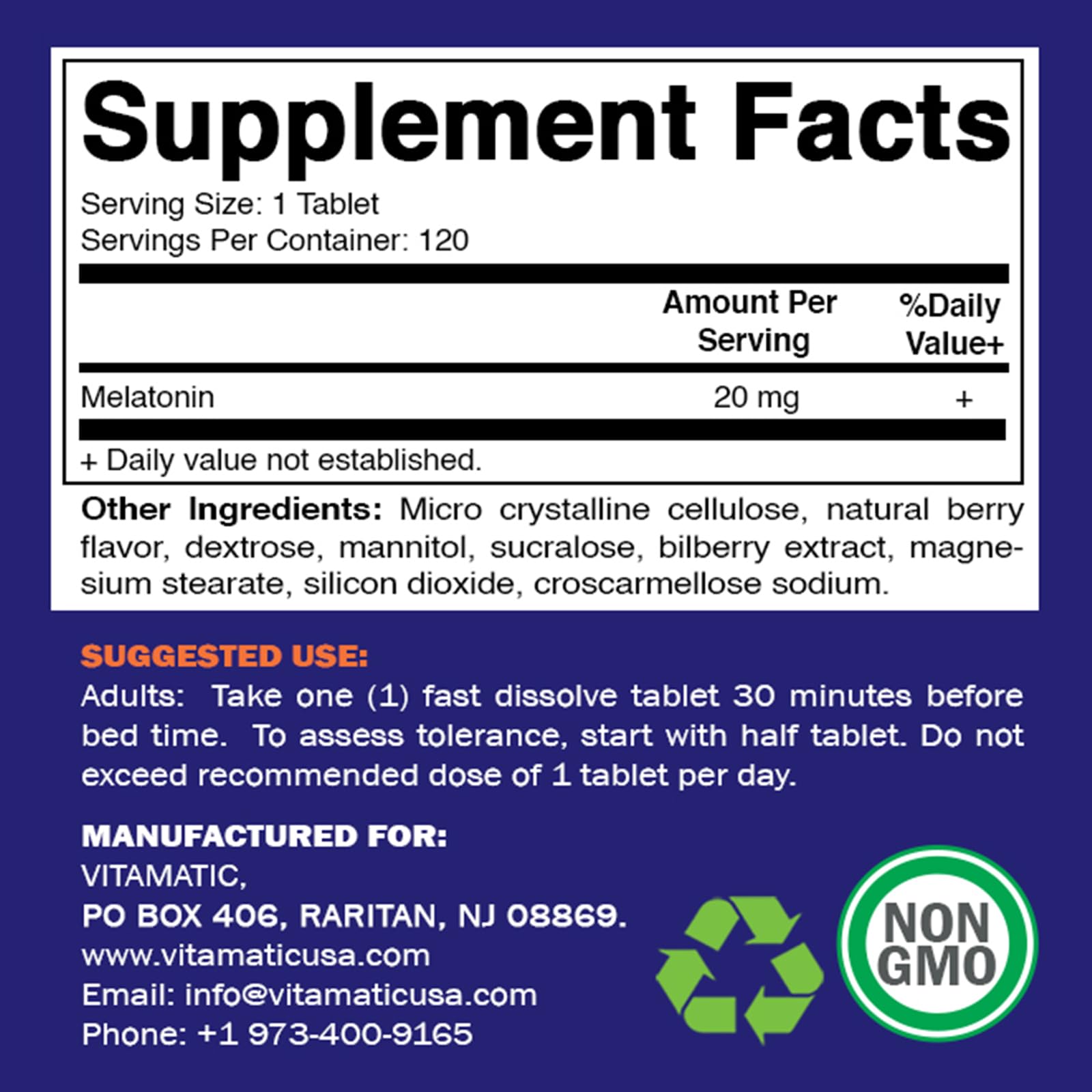 Vitamatic Melatonin 20 mg Tablets - Vegetarian, Non-GMO, Gluten Free Sleep Aid | High Potency 20 MG with Natural Berry Flavor | 120 Count (12 Pack) for Wholesale | Supports Restful Sleep, Jet Lag Relief & Night Shift Workers