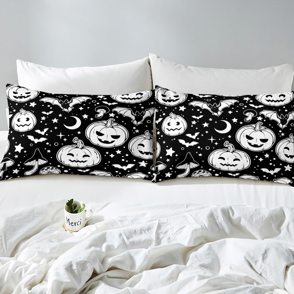 Erosebridal Bats Duvet Cover Set - Gothic Halloween Bedding with Cute Mushroom Print, Black & White Twin Size Comforter for Spooky Room Decor | Perfect for Halloween Parties & Gothic Themed Bedrooms
