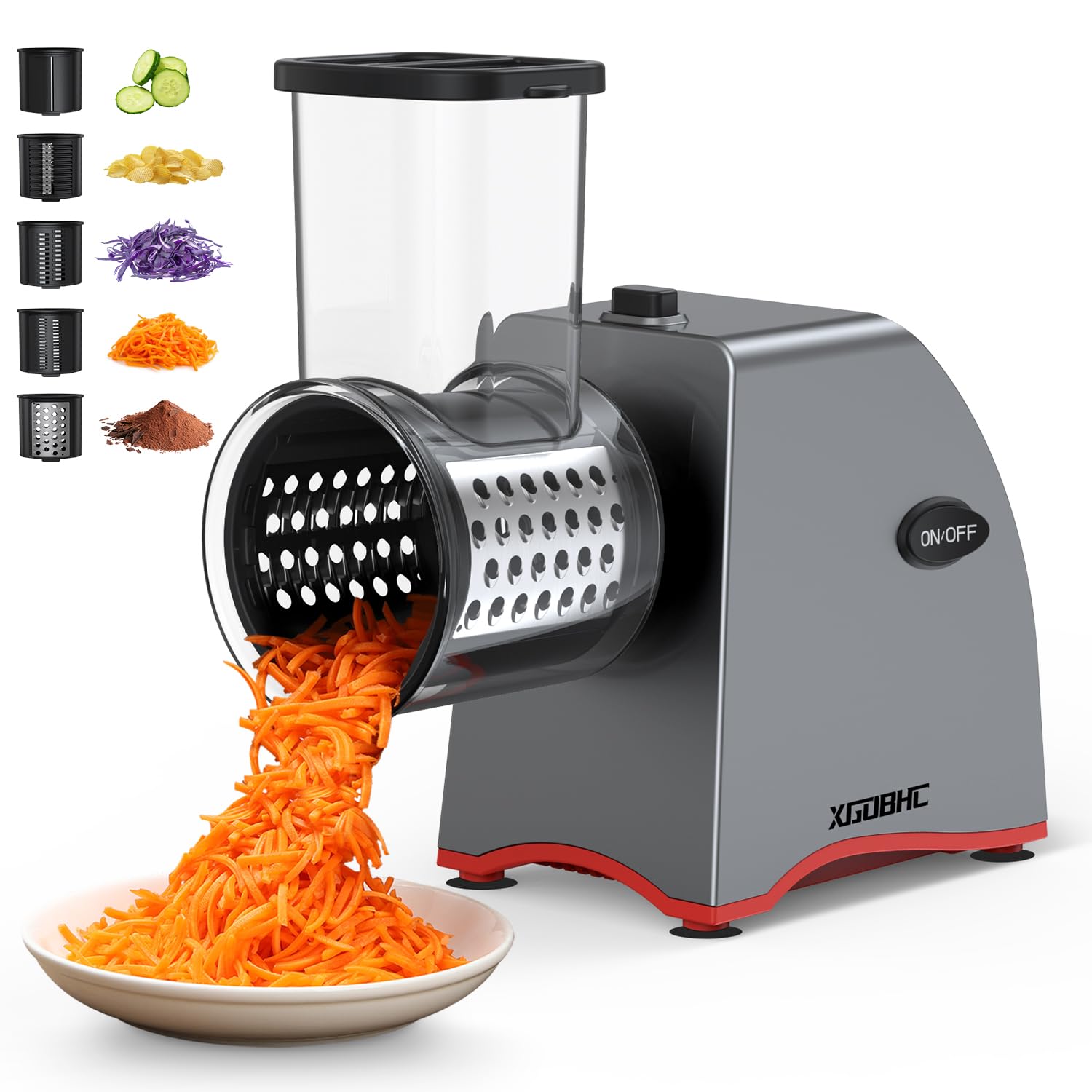 Upgraded 250W Electric Cheese Grater & Vegetable Slicer - 5 Stainless Steel Blades, One-Touch Control for Cheeses, Fruits, Nuts - Perfect for Salads, Pizza Toppings & Meal Prep